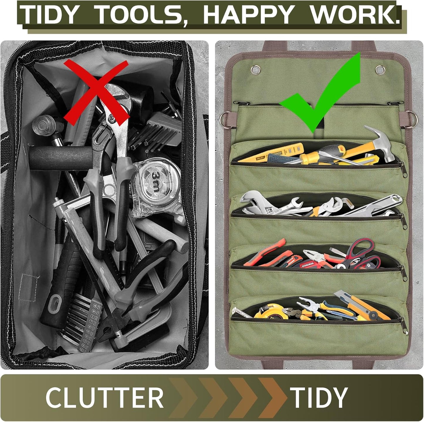 Roll up Tool Bag - Heavy Duty Green Motorcycle Tool Roll, Portable Tool Box Organizer Storage for Mechanics, Electricians, Diyers, Ideal Kit for Men, Father, Birthdays, Holidays