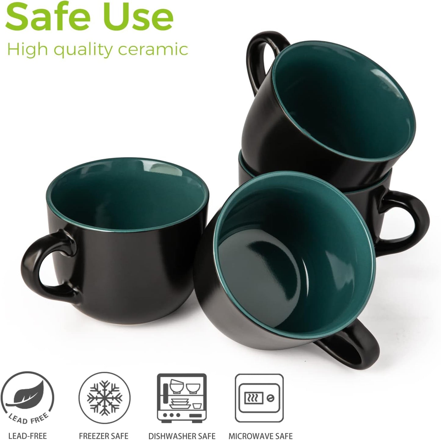 Ceramic Soup Mugs with Vented Lids, 24 Oz Capacity, Set of 4 in Green - Versatile for Soup, Coffee, Cereal, Salad, Noodles, and Tea, Microwave and Dishwasher Safe