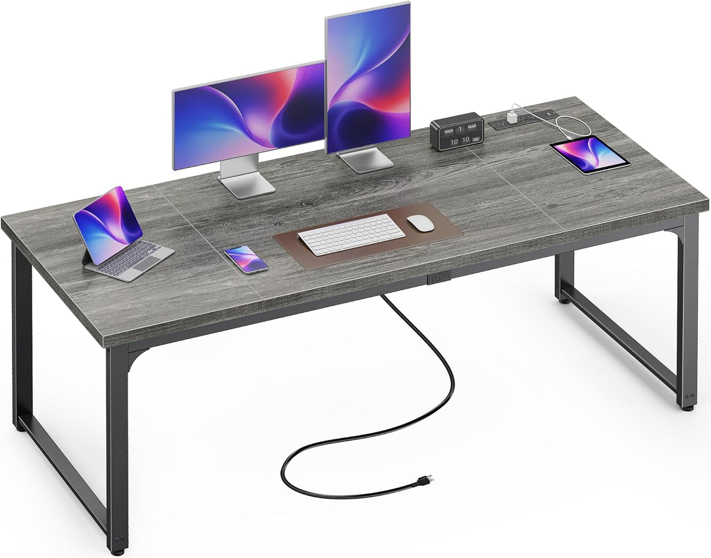 63 x 24 Inch Heavy-Duty Computer Desk with Power Outlets & USB-C, Enhanced Desktop Thickness, Sturdy Metal Frame, Ideal for Home Office and Gaming, Grey Finish