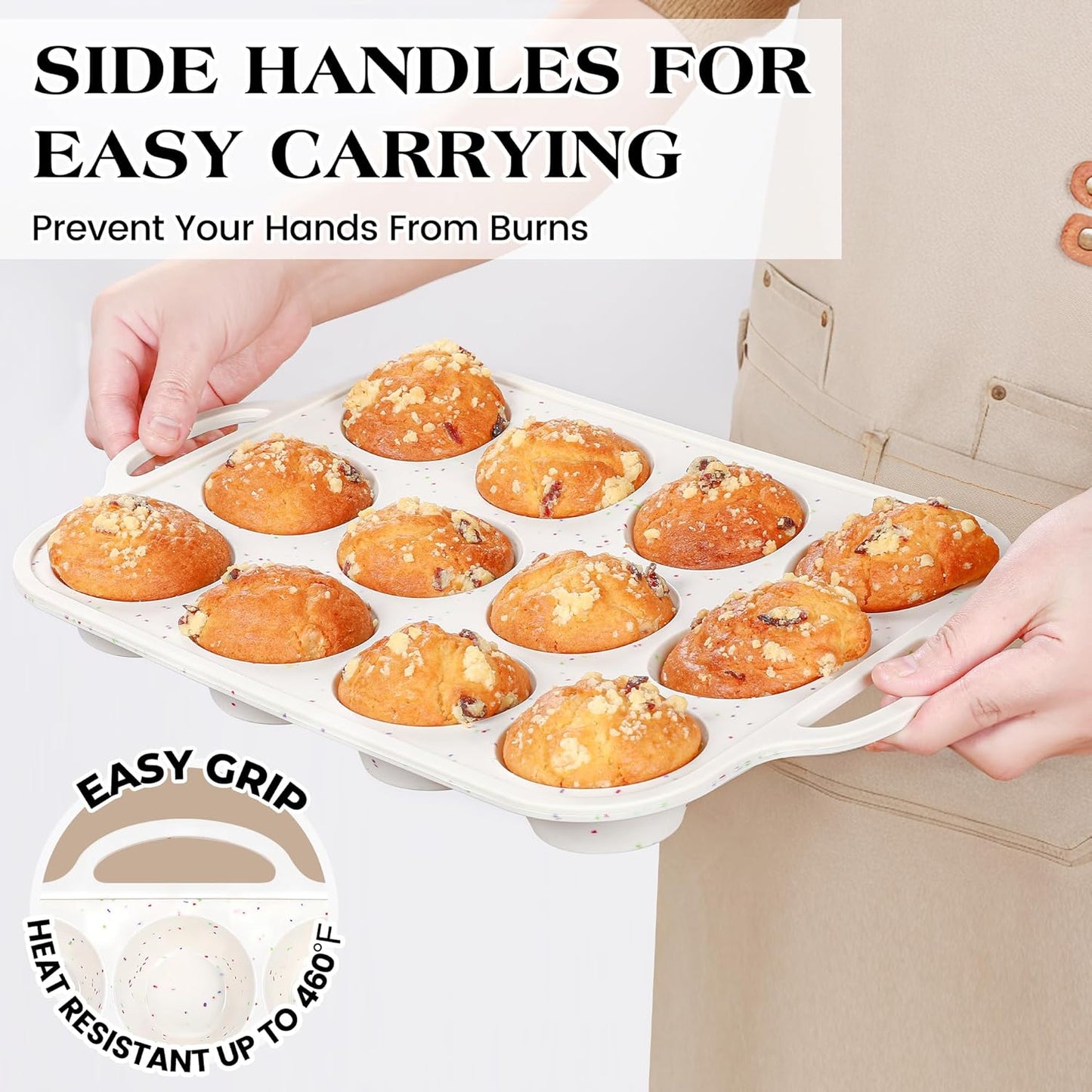 Professional Silicone Cupcake Pan Set - 12-Cup and 24-Cup Nonstick Muffin Molds with Metal Reinforced Frame, BPA Free (2 Pieces, Cream)