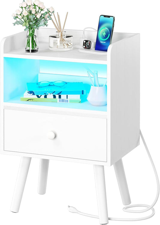 Nightstand with Charging Station, Modern Night Stand with LED Lights, Wood Nightstands with Fabric Drawer & Storage Shelf, Night Stands Bedside Table with USB Ports for Bedroom, Office, Home