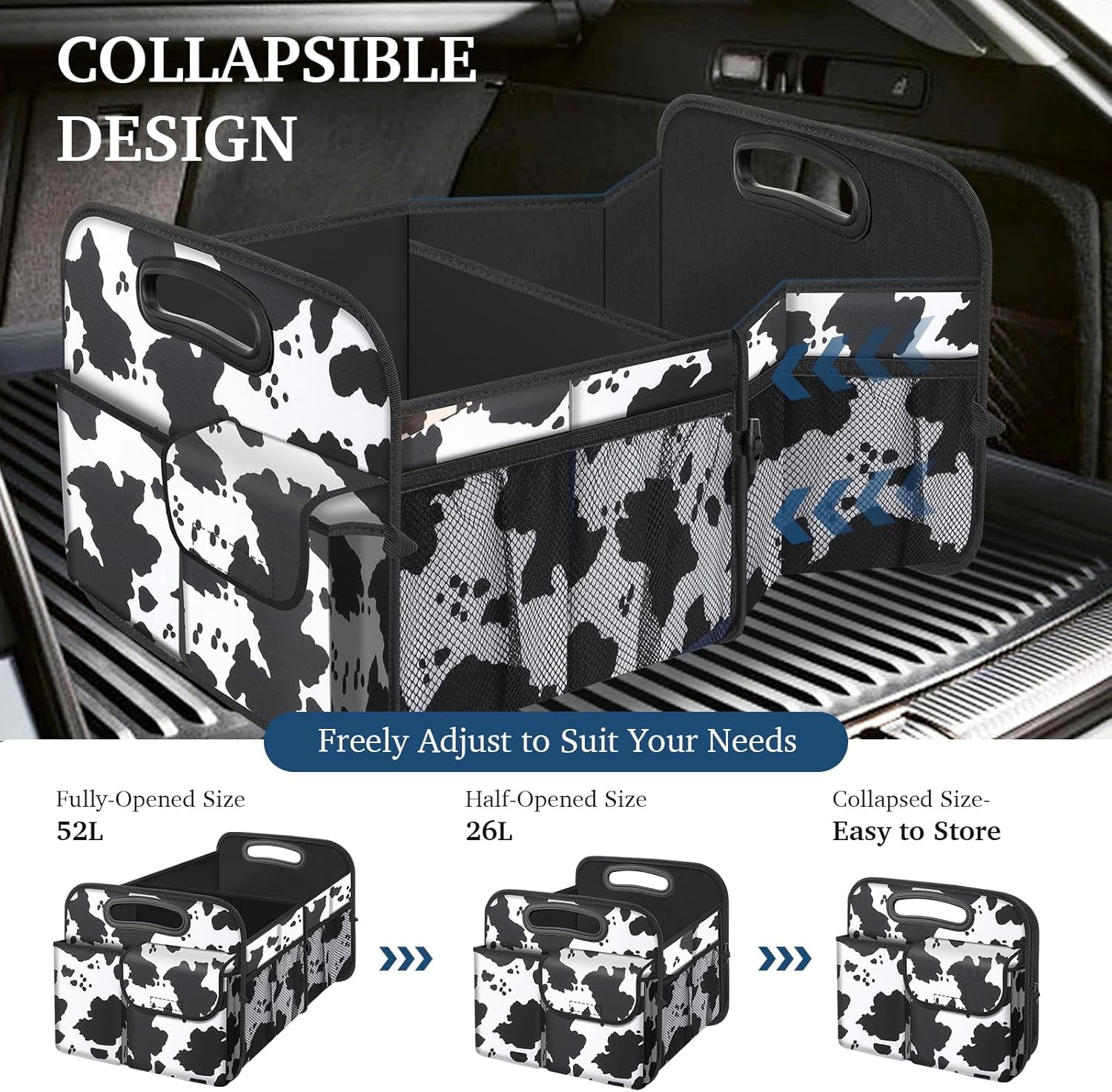 Car Trunk Organizer, Cow Print, Vintage Style, 52L Capacity, 4 Compartments, Waterproof, Non-Slip, Collapsible, 22.5"D X 18"W X 10.8"H