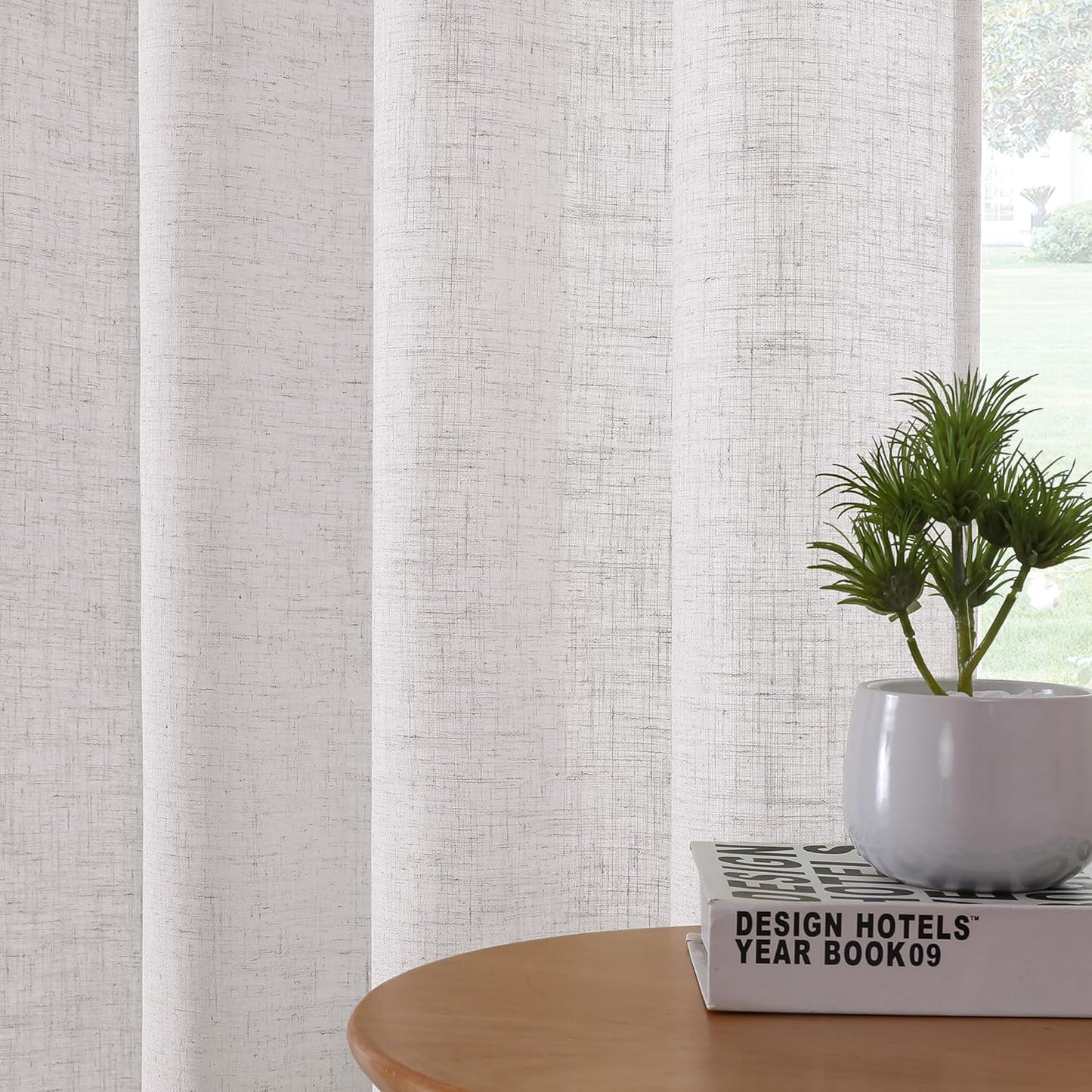 Linen Curtains 63 Inch Length 2 Panels Set, Semi Sheer Light Filtering Curtain Back Tab, Rod Pocket Pinch Pleated Farmhouse Drapes for Living Room, 52X63 Natural White with Brownish Linen