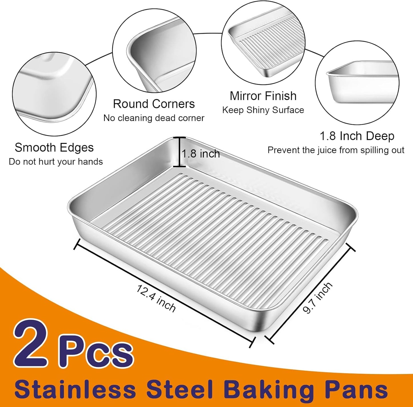 12.4 Inch Deep Rectangular Cake Pan, Stainless Steel Baking Pan Lasagna Pan for Toaster Oven, for Bake Cookie Cake Meat, Corrugated Bottom & Heavy Duty, Non-Toxic & Dishwasher Safe, 2Pcs