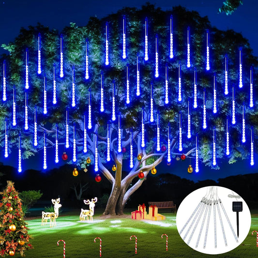 Solar Christmas Lights Outdoor, 8 Tube 144 Leds Solar Meteor Shower Lights Outdoor, Hanging Christmas Light for Gazebo Tree Icicle Garden Yard Party Patio Xmas Decor (Blue)