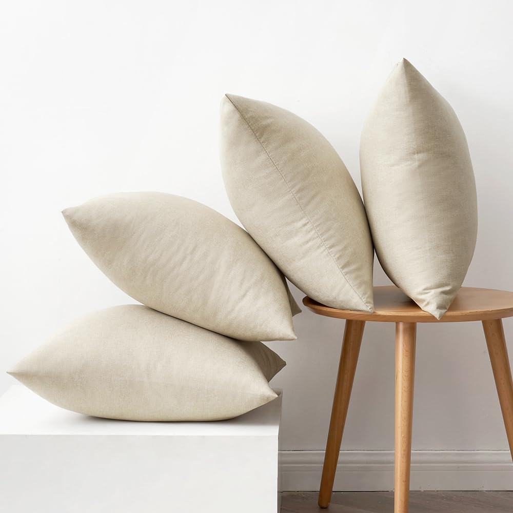 Pack of 4 Decorative Outdoor Throw Pillow Covers Linen Waterproof Pillow Covers Farmhouse Cushion Cases for Patio Garden Tent Balcony Couch Sofa 18X18 Inch Beige