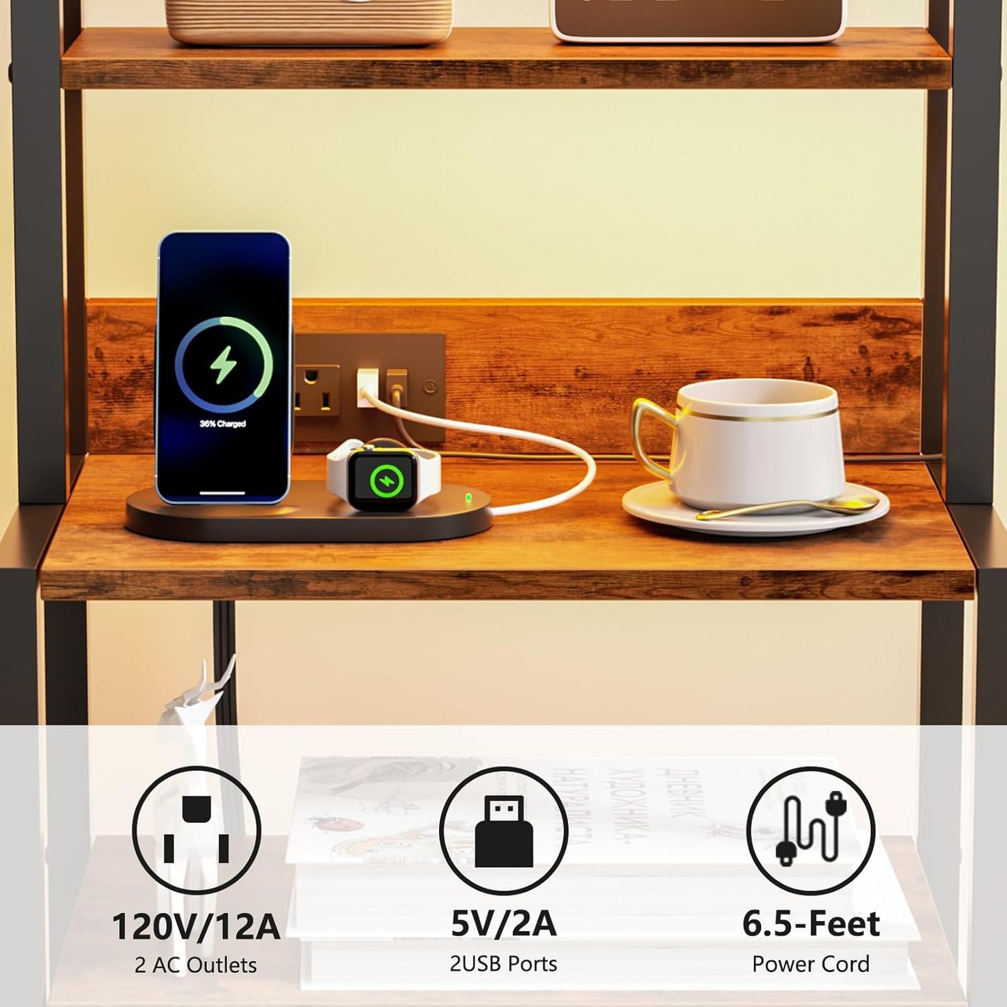 Tall Nightstand with 4-Tier Shelves, 3 Fabric Drawers, LED Charging Station, Rustic Brown Bedside Table for Bedroom, Hallway, and Office