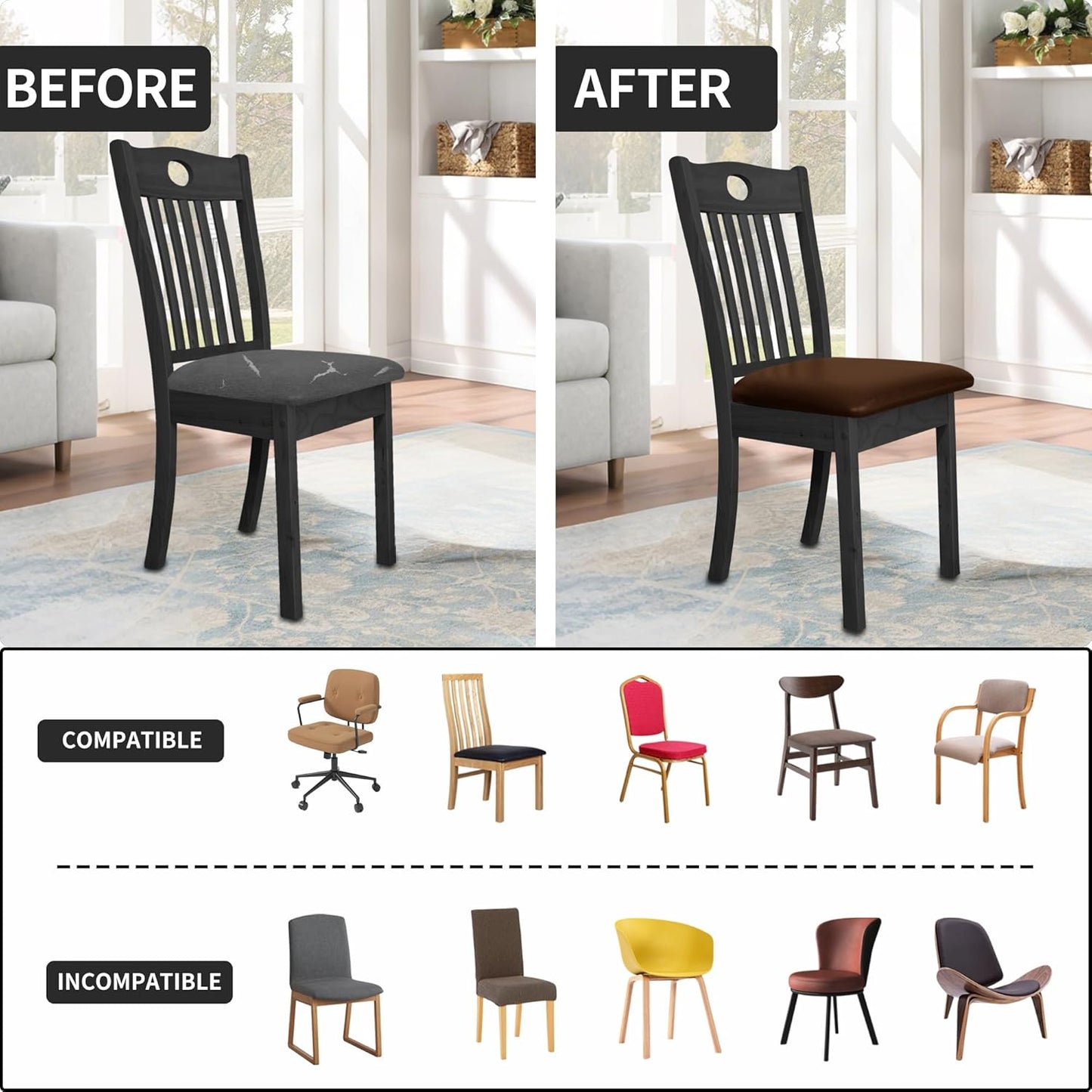 Waterproof PU Leather Seat Covers for Dining Room Chairs Set of 4, Stretch Fit Removable Chair Seat Protector Slipcovers with Elastic Band, Coffee