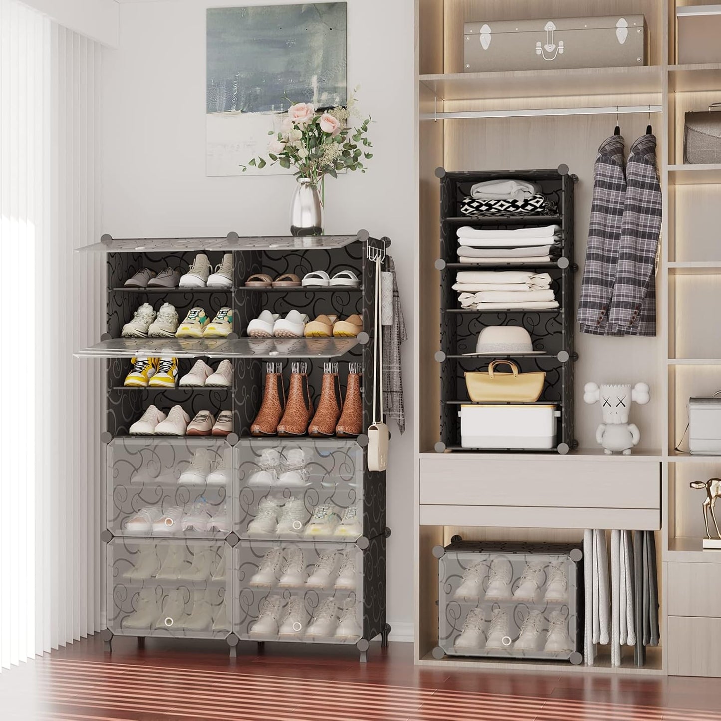 Shoe Rack, 8 Tier Shoe Storage Cabinet with Door, 32 Pair Shoe Organizer Shelves for Closet Hallway Bedroom Entryway, Black