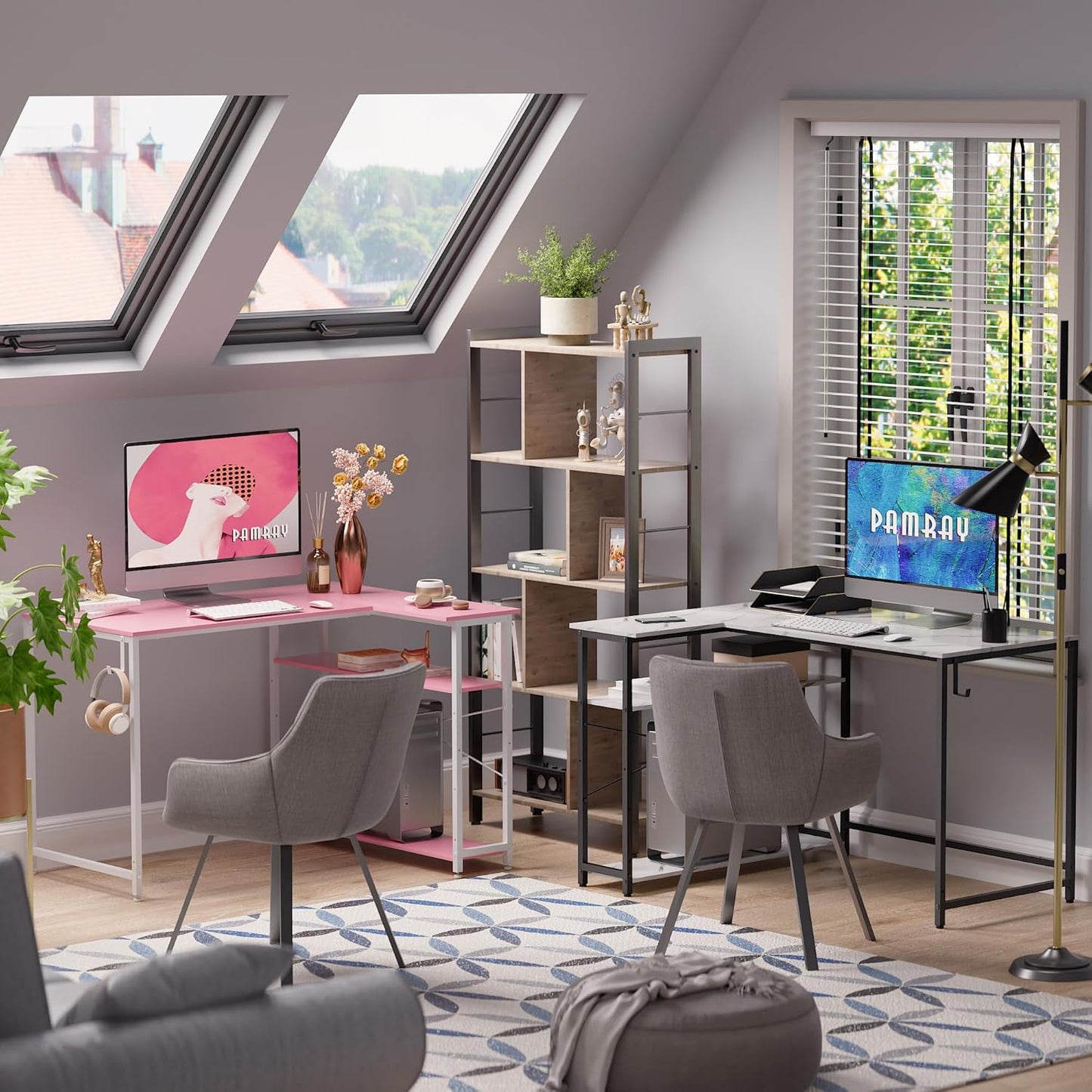 43 Inch L Shaped Computer Desk with Reversible Side Storage Shelves, Small Corner Desk for Small Space Home Office,Writing Study Table PC Desk for Bedroom,Pink with White Leg