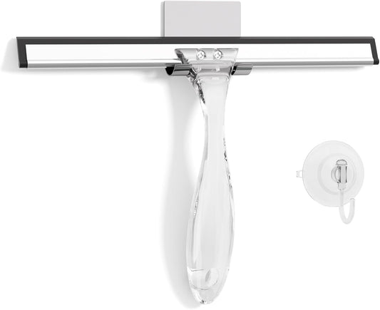 Shower Squeegee for Glass Doors, All-Purpose Squeegee with Suction Hook & Adhesive Hook, Clear Squeegee for Shower Glass, Windows, Mirrors, Tiles and Car Windows - 10 Inches, Clear