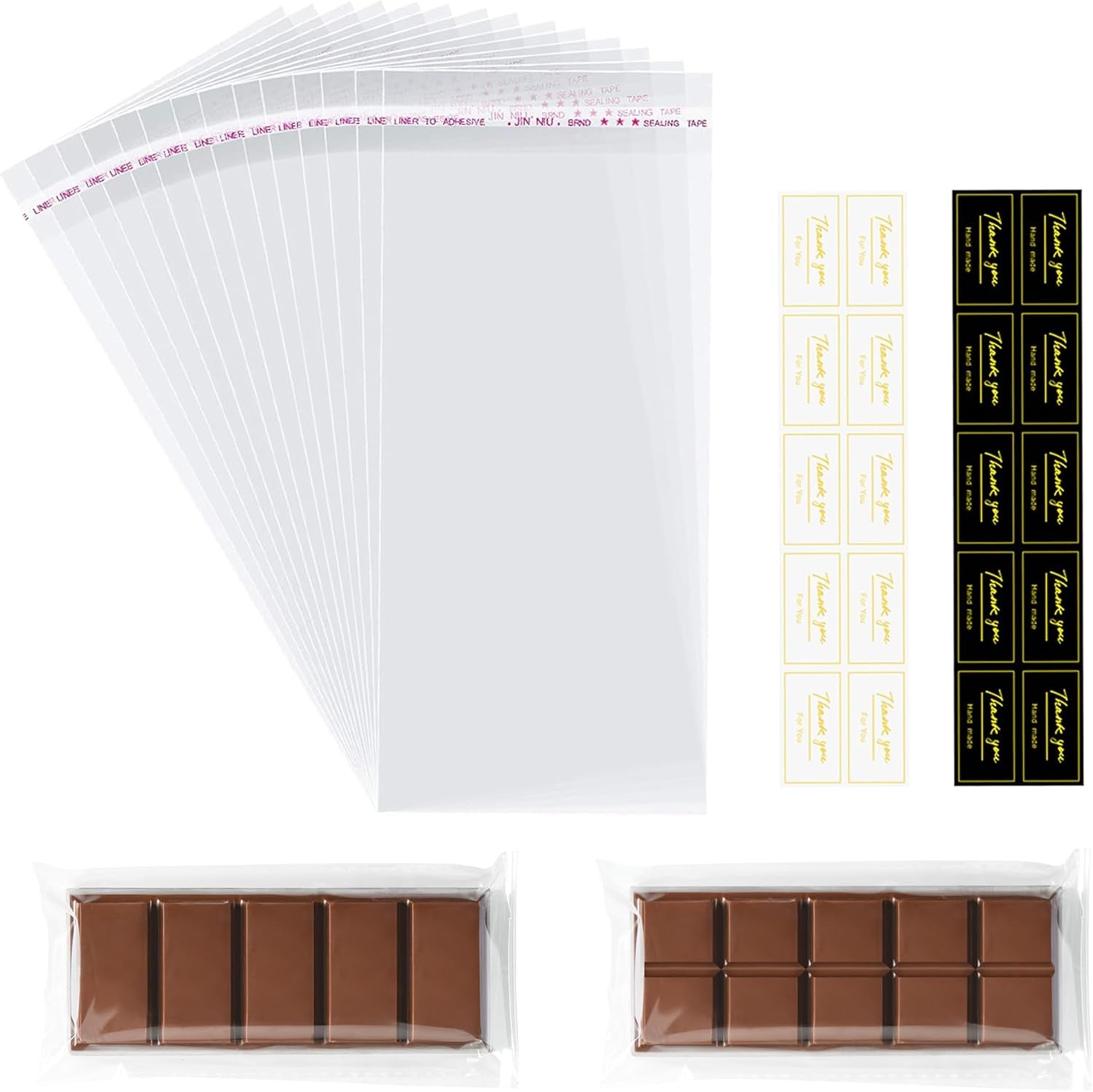 Knafeh Pistachio Chocolate Wrappers with Thank You Stickers - 100 Pcs Self-Adhesive Plastic Wax Melt Snap Bar Bags (2.5 x 7.1 Inch)