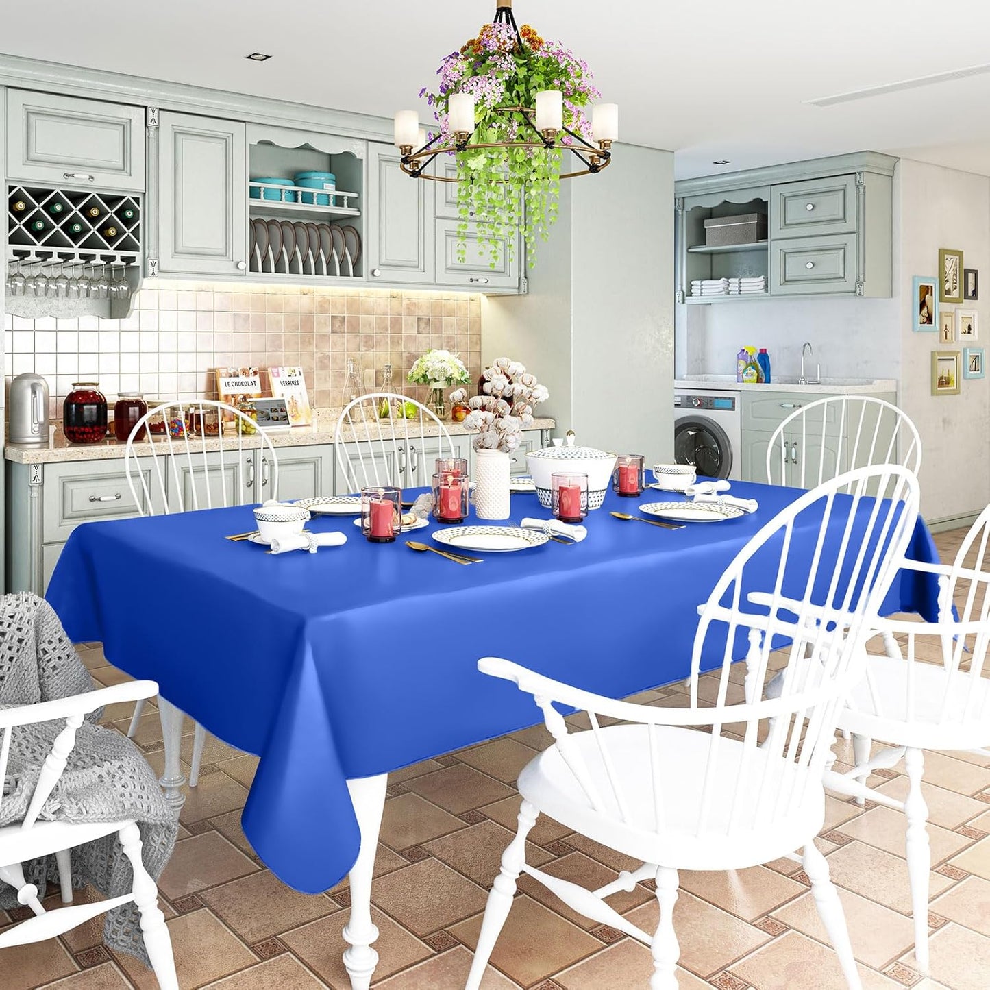 Rectangle Vinyl Tablecloth, Waterproof Spillproof Plastic Flannel Backed Table Cloth, Wipe Clean Table Cover for Dining, Buffet Parties and Camping (Blue, 54" X 78")