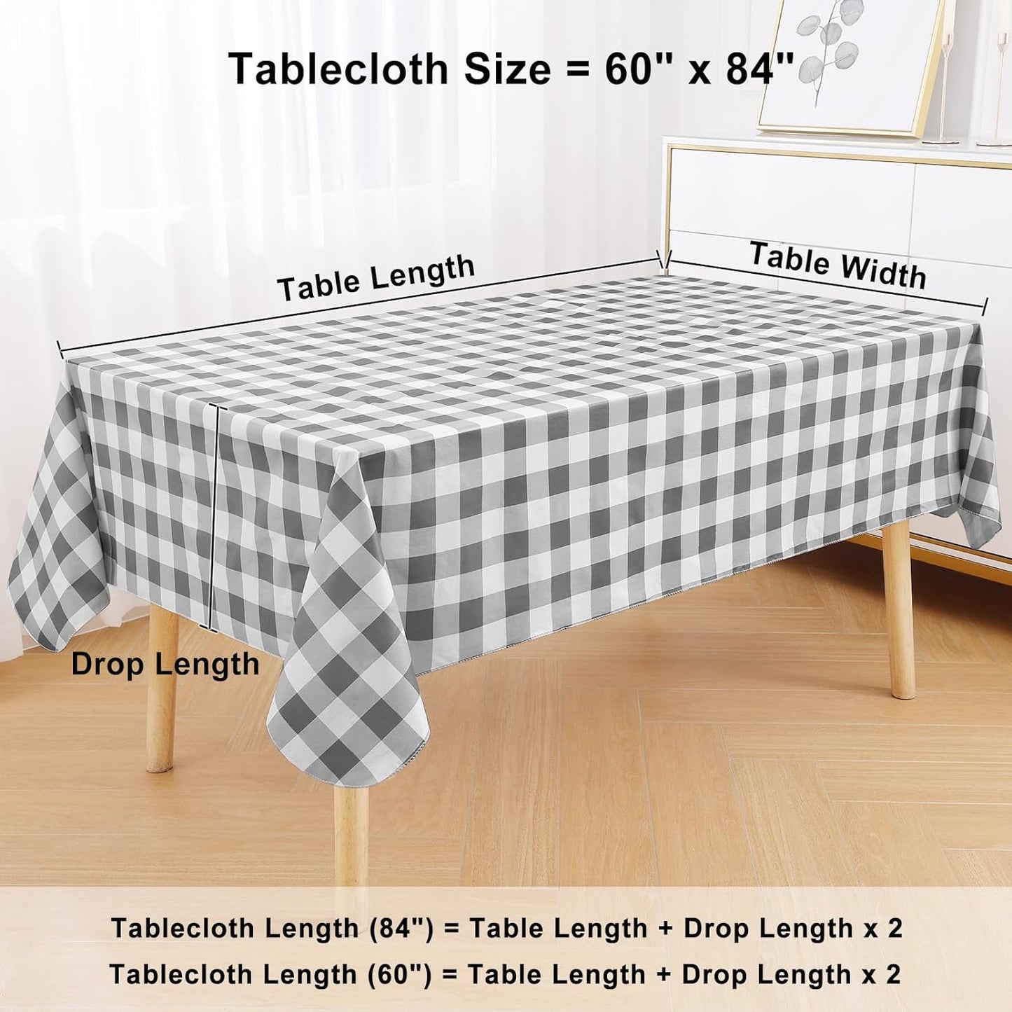 Rectangle Waterproof Vinyl Table Cloth, Buffalo Flannel Backed Tablecloth, Wipeable Plastic Table Cover for Dinner, Kitchen, Outdoor (60" X 84", Grey and White)
