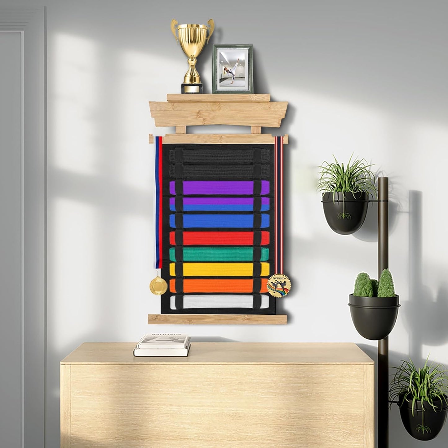 Karate Belt Display Rack with Personalized Stickers - Bamboo Trophy Holder for Taekwondo, BJJ, and Martial Arts Belts