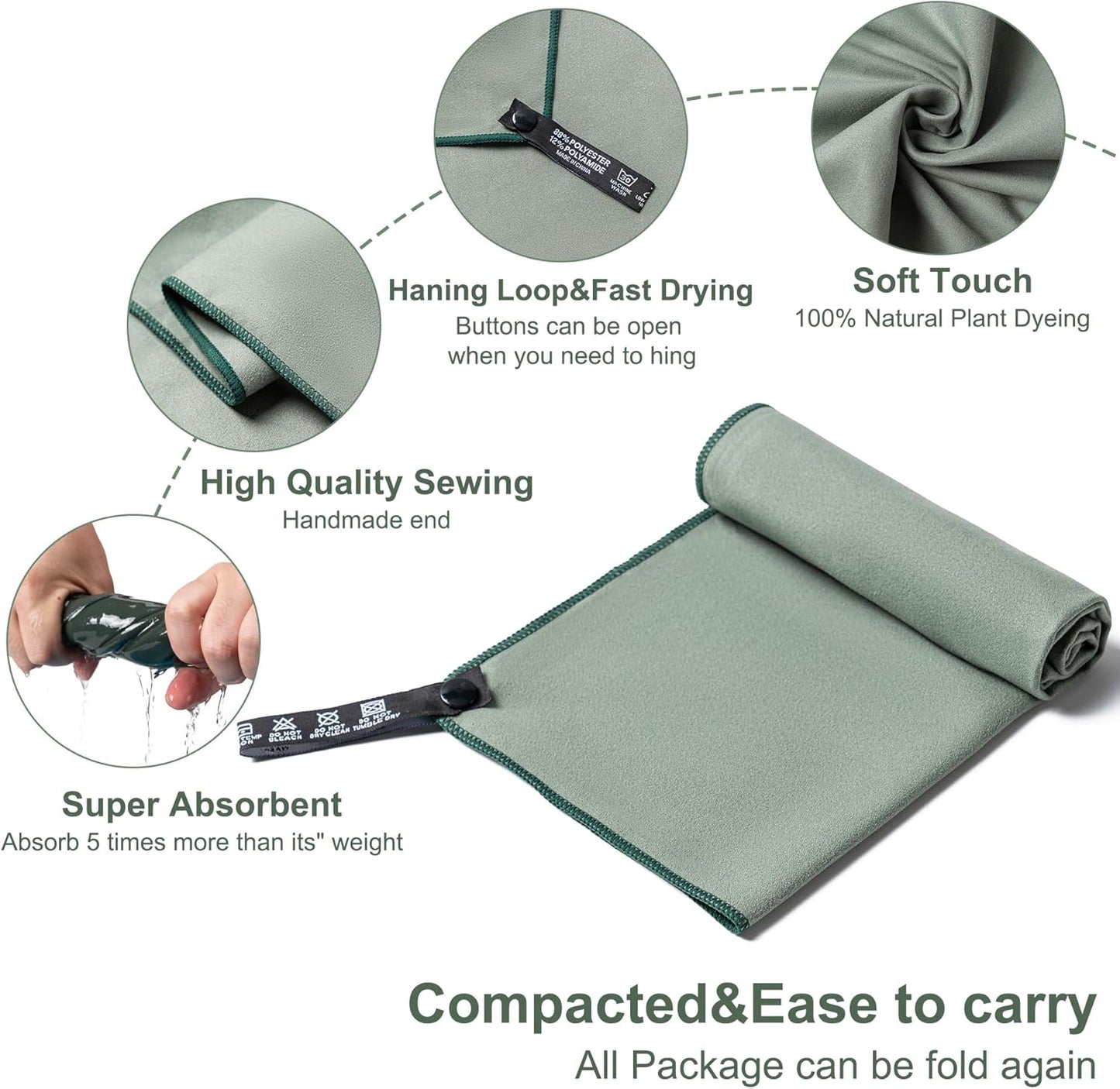 Camping Towel,2 Pack Microfiber Travel Sports Towel,Quick Dry - Super Absorbent - Ultra Compact -Ultra Soft - Lightweight.Suitable for Gym,Yoga,Trip,Beach, Shower, Backpacking,Pool(Army Green)