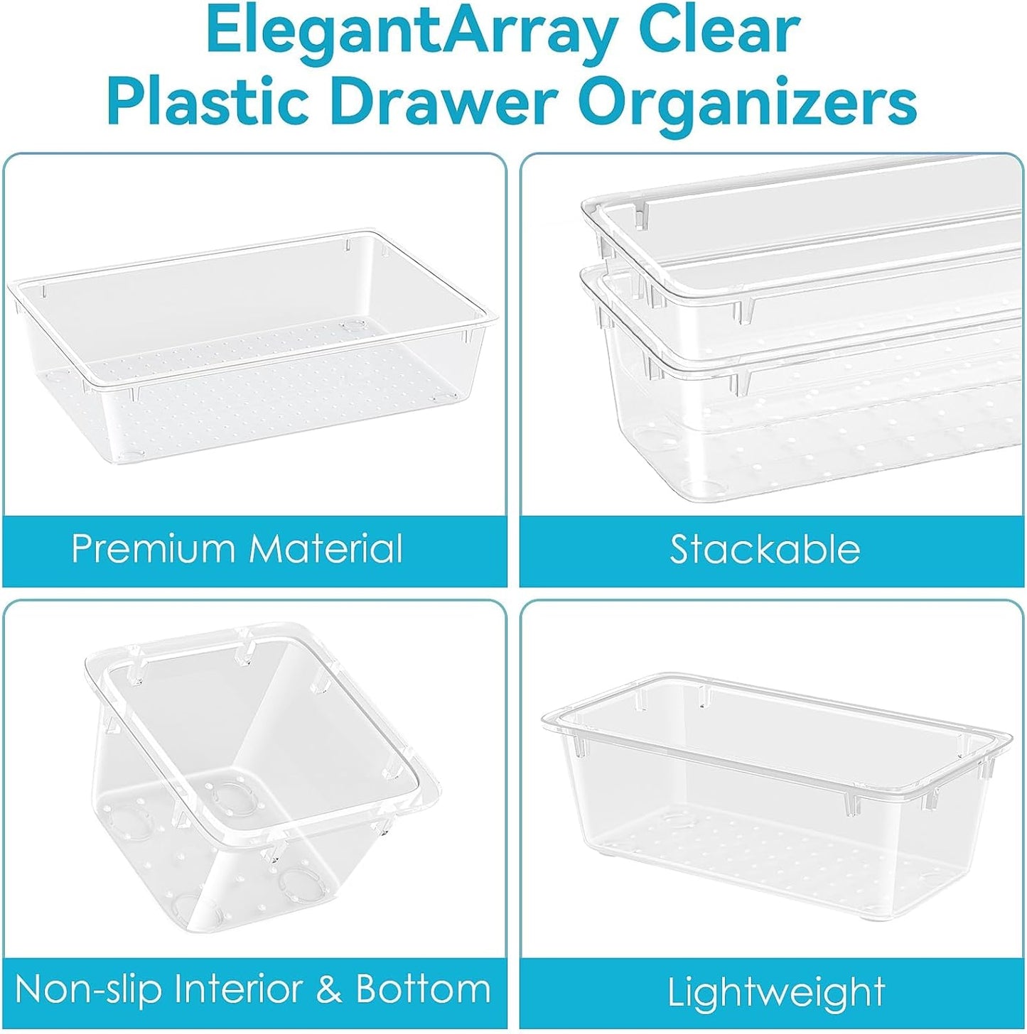 12 PCS Drawer Organizer Set, 4 Sizes Storage Drawer Units, Clear Plastic Makeup Vanity Organizer and Storage Bins for Makeup, Stationeries, Multiple Gadgets for Bathroom, Office, Bedroom