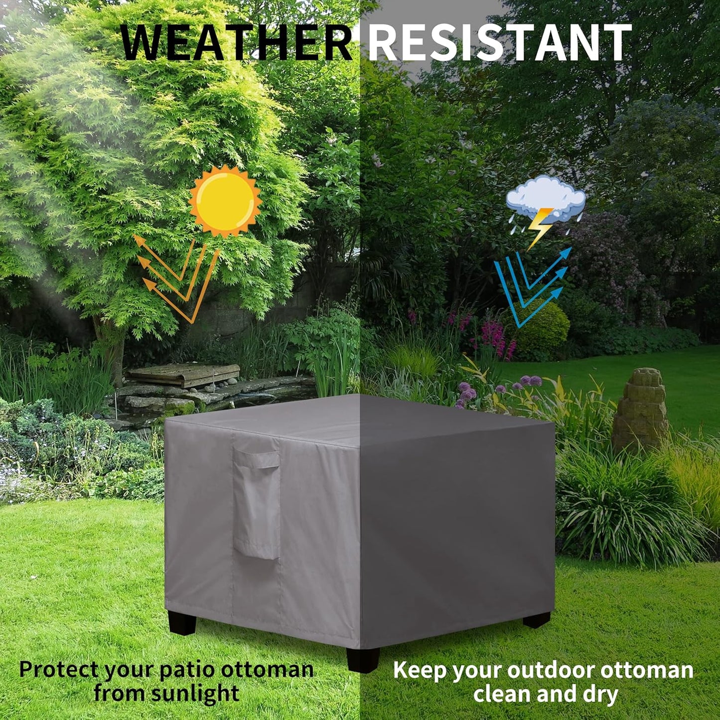 Square Patio Ottoman Cover, Waterproof Outdoor Ottoman Cover, Fade Resistant Patio Side Table Cover, Durable Outdoor Furniture Covers with Sealed Seam (25"X25"X17", Grey)