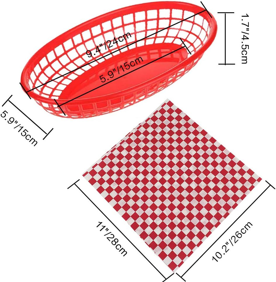 Retro Style Fast Food Basket (12Pk) and Checkered Deli Liner (100 Pk) Combo. Fast Food Basket Are Dishwasher Safe. Disposable Deli Paper Squares for Easy Cleanup (Red)