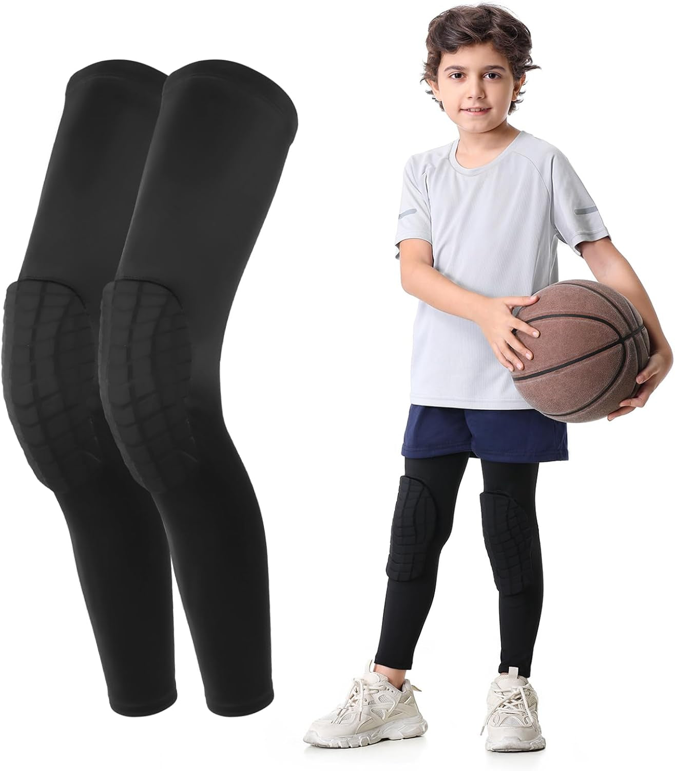 Knee Pad for Kid Youth 1 Pair, Black Padded Knee Leg Compression Sleeve for Basketball Football Volleyball Soccer Sport Boy Girl