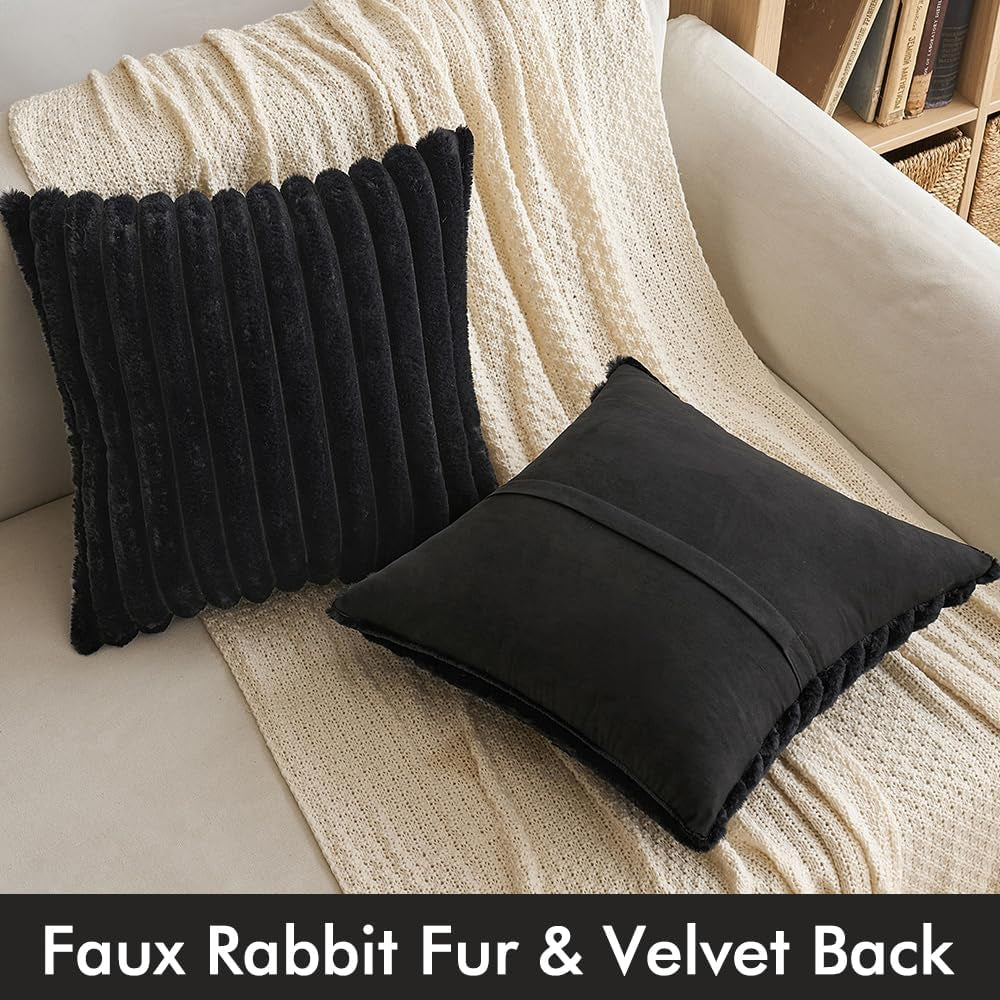 Faux Fur Plush Decorative Throw Pillow Covers Set of 2 Luxury Soft Fluffy Striped Pillowcases Cushion for Sofa Couch Bed Living Room Black 18X18 Inch