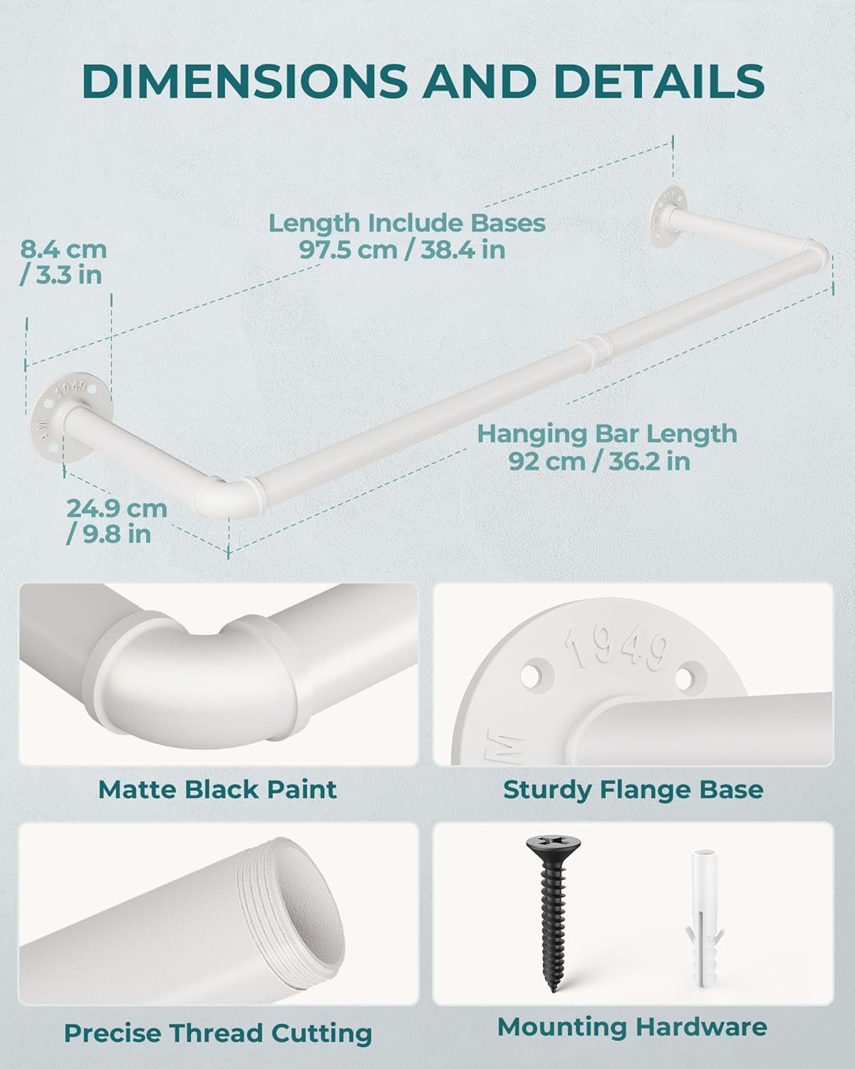 Industrial Pipe Clothes Rack Wall Mounted Set of 2, 38.4 Inches Heavy Duty Iron Pipe Clothing Garment Rail, Multi-Purpose Clothing Hanging Rod for Laundry Room and Closet Storage, White