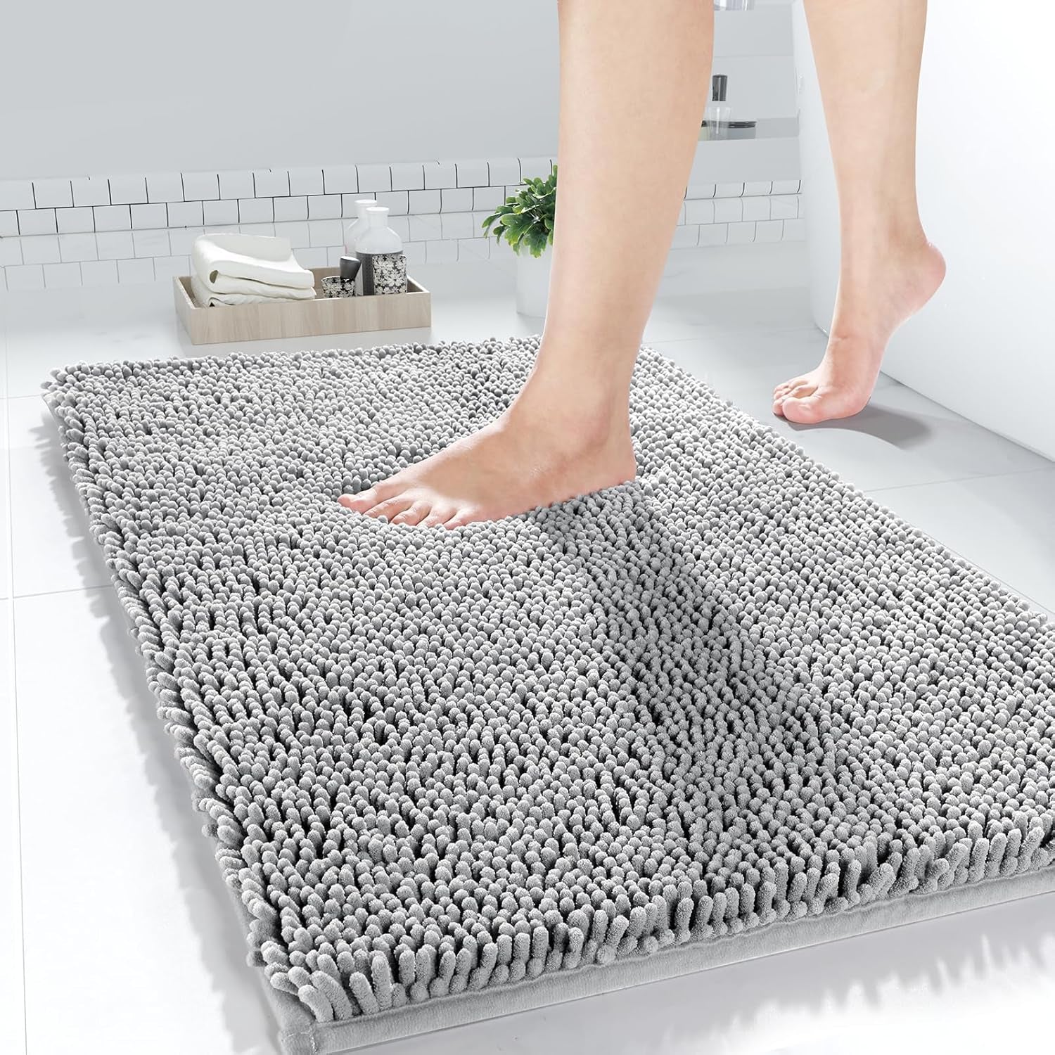 Chenille Bathroom Rugs - 24"X17" Super Luxury Soft & Absorbent Quick Dry - Non Slip Bath Mat for Tub Shower - Machine Washable - Gray