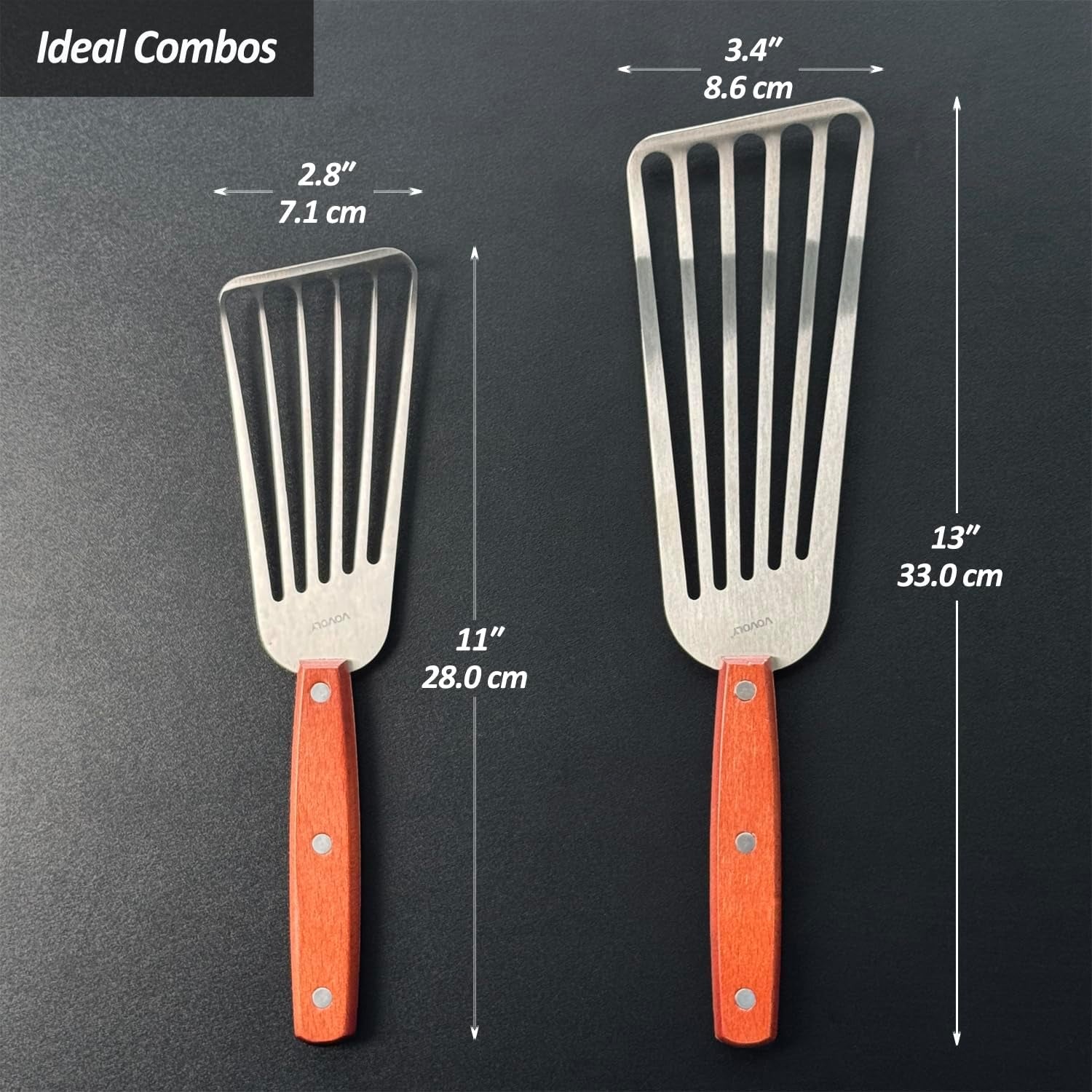 2 Pack Fish Spatula Turner, Stainless Steel Slotted Spatulas for Flipping, Turning, Frying & Grilling, 3"X6"+4"X8" Metal Slotted Spatulas, Wooden Full Tang Handle & Curved Blade