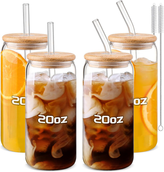 Glass Cups “20Oz”,Glass Cups with Lids and Straws 4 Pcs-Coffee Cups,Drinking Glasses Set,Glass Tumbler with Straw and Lid Gift 2 Cleaning Brushes