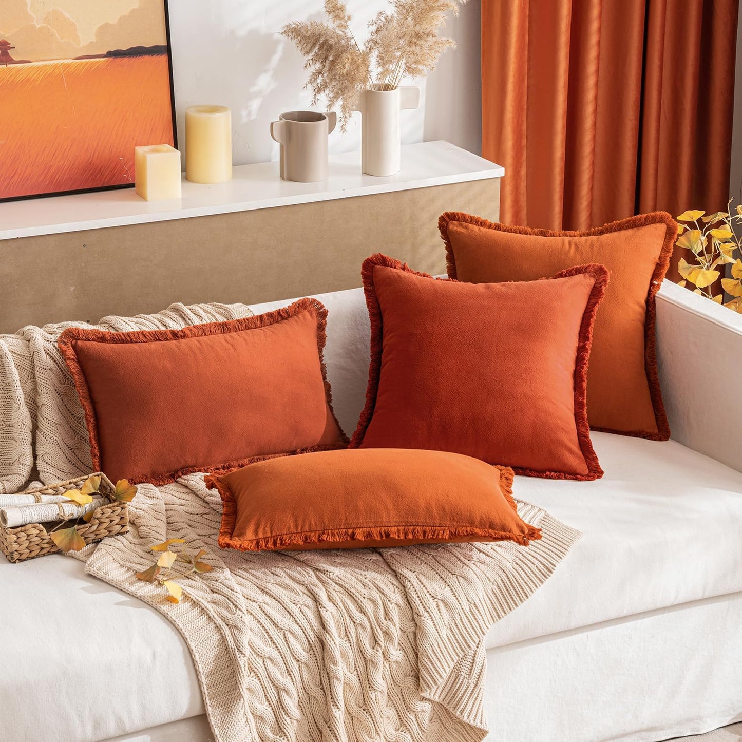 Throw Pillow Covers Fall Boho Farmhouse 18X18 Set of 2 Decorative Burnt Orange Couch with Fringe Chic Cotton Pillowcases Home Decor Accents for Cushion Soft Bed Living Room