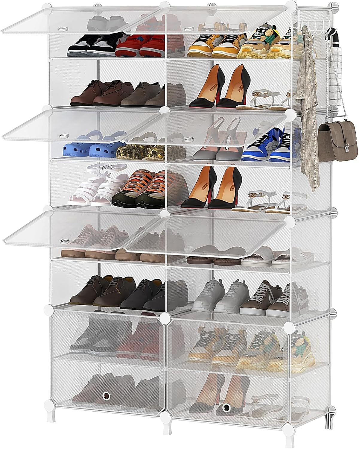 Shoe Rack, 8 Tier Shoe Storage Cabinet with Door, 32 Pair Shoe Organizer Shelves for Closet Hallway Bedroom Entryway, Transparent Twill