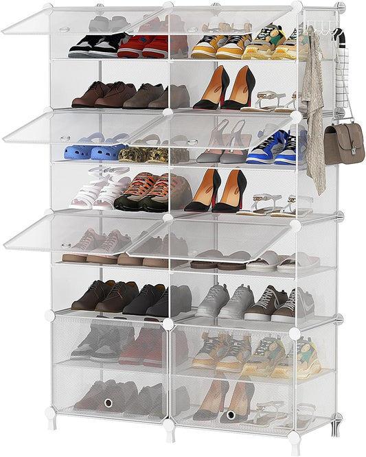 Shoe Rack, 8 Tier Shoe Storage Cabinet with Door, 32 Pair Shoe Organizer Shelves for Closet Hallway Bedroom Entryway, Transparent Twill
