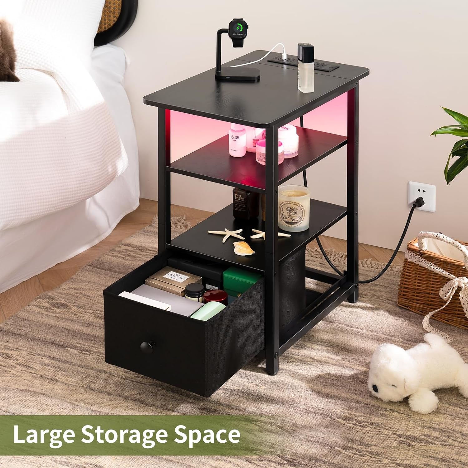 End Table with Charging Station, Narrow Side Table with Adjustable Fabric Drawer, 3-Tier End Tables Living Room, Small Nightstand with Outlets, LED Skinny Night Stand for Bedroom Small Spaces