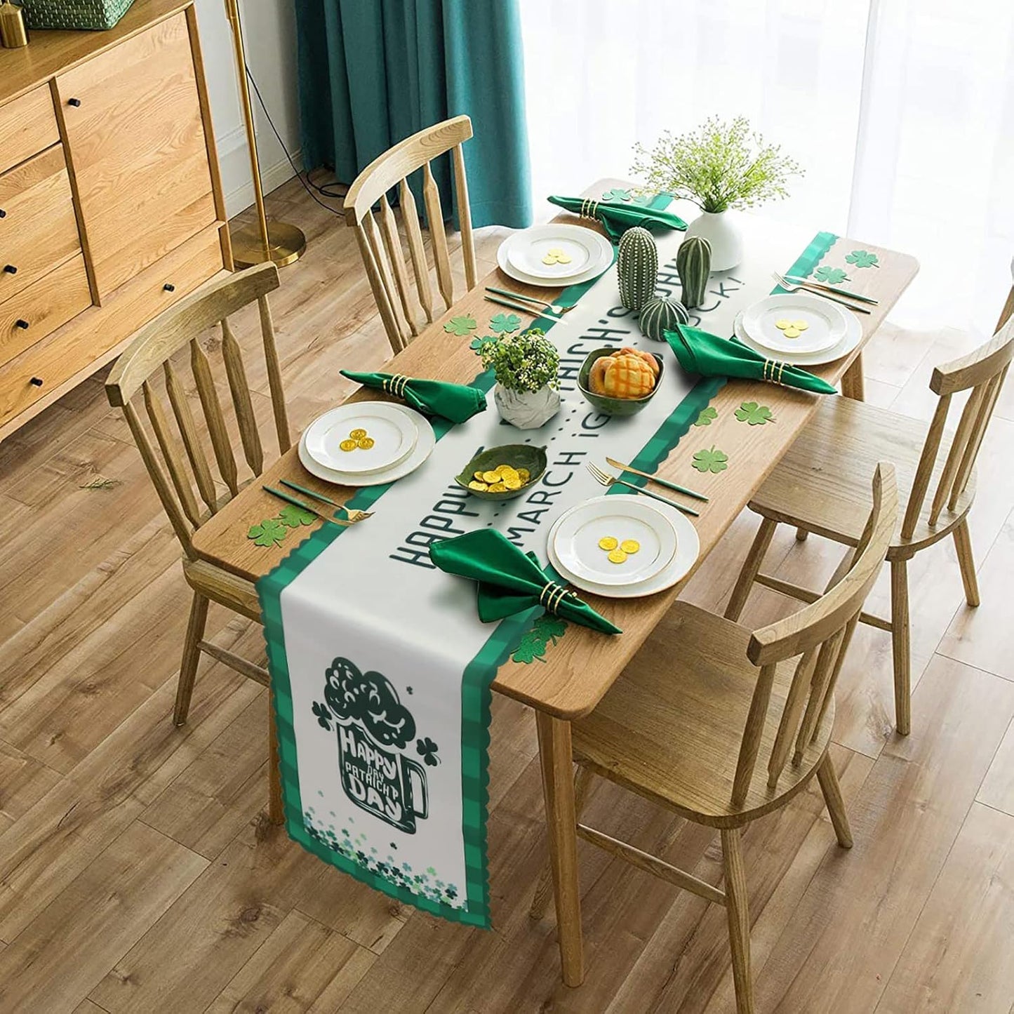 St Patricks Day Table Runner - 14 X 108 Inches Green Shamrock Table Runner for Indoor Outdoor Party Home Decor/Holiday/Dinning Table, 1 Piece