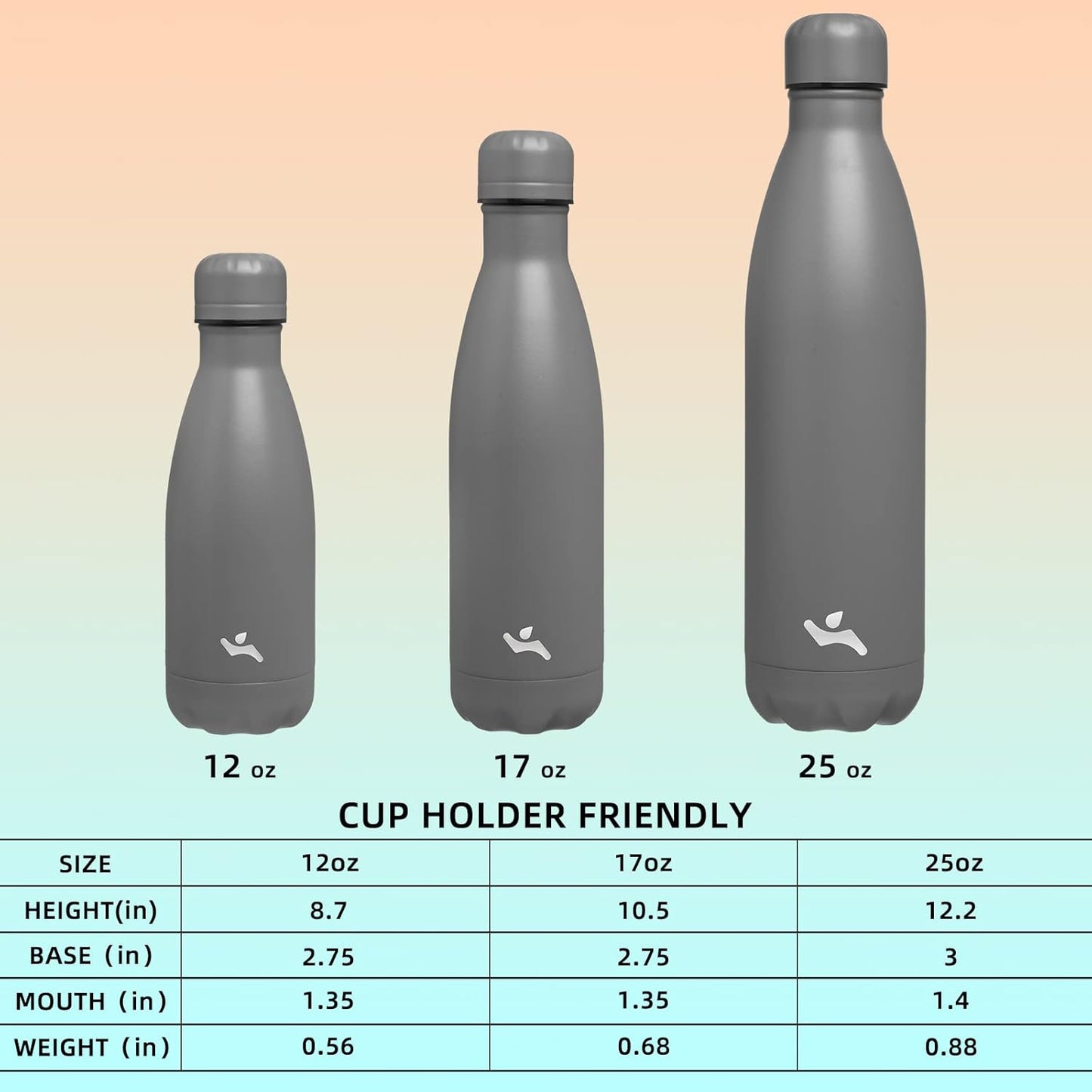 Insulated Water Bottles,12 Oz Double Wall Stainless Steel Vacumm Metal Flask for Sports Travel,Gray