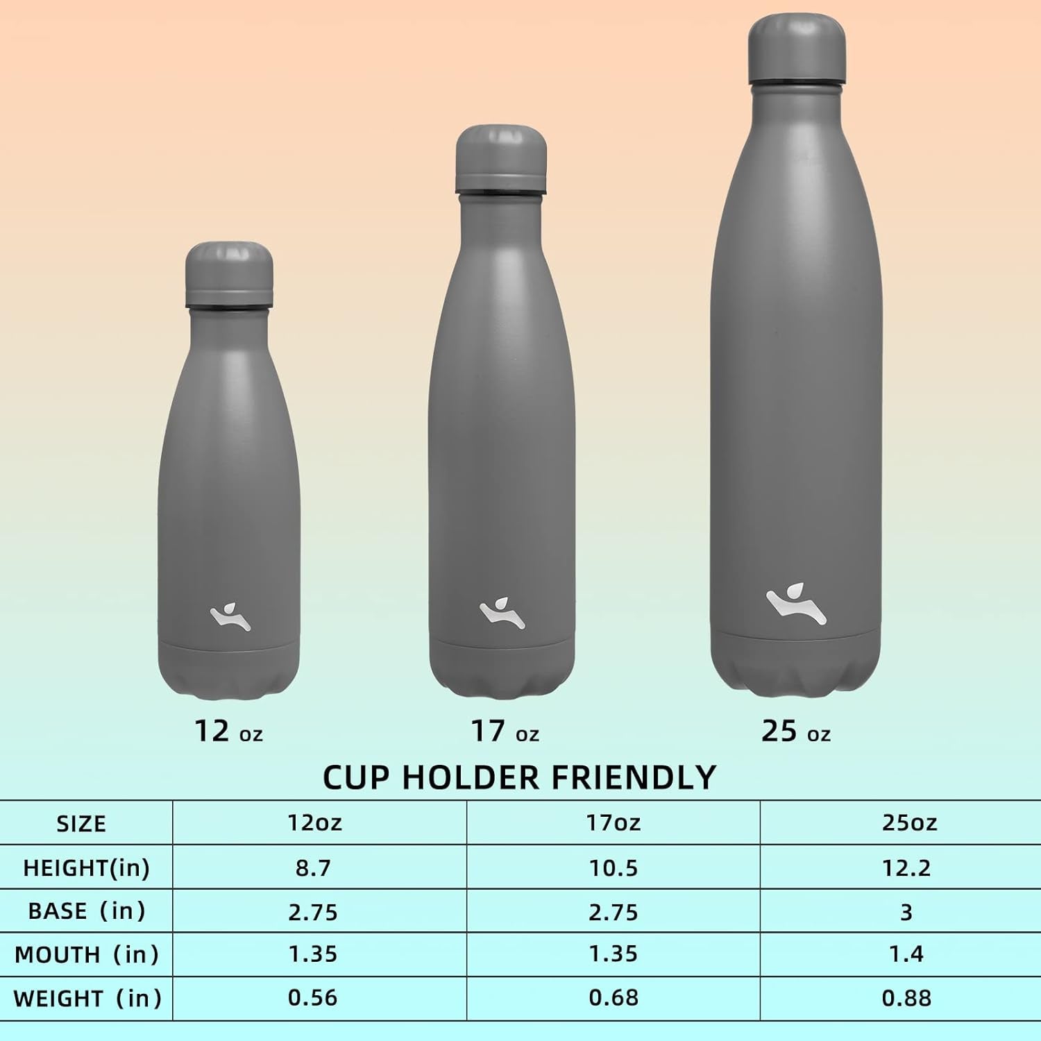 Insulated Water Bottles,12 Oz Double Wall Stainless Steel Vacumm Metal Flask for Sports Travel,Gray