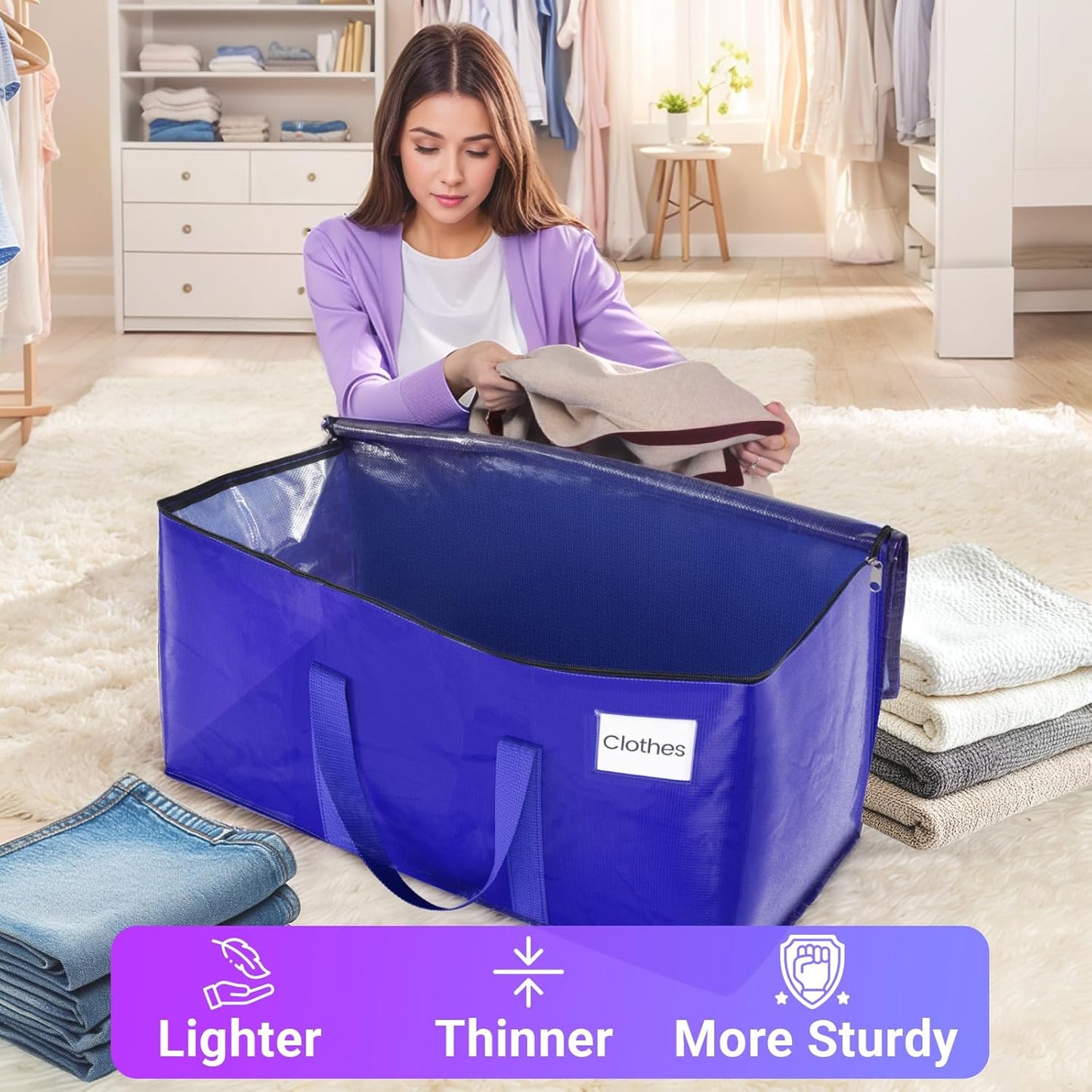 Moving Storage Bags, Moving Supplies Packing Boxes for Moving, Camping, College Dorm Room Essentials for Girls, Blue Tote Bags, Heavy-Duty Storage Bins with Lids and Zippers, 93L 8Pack
