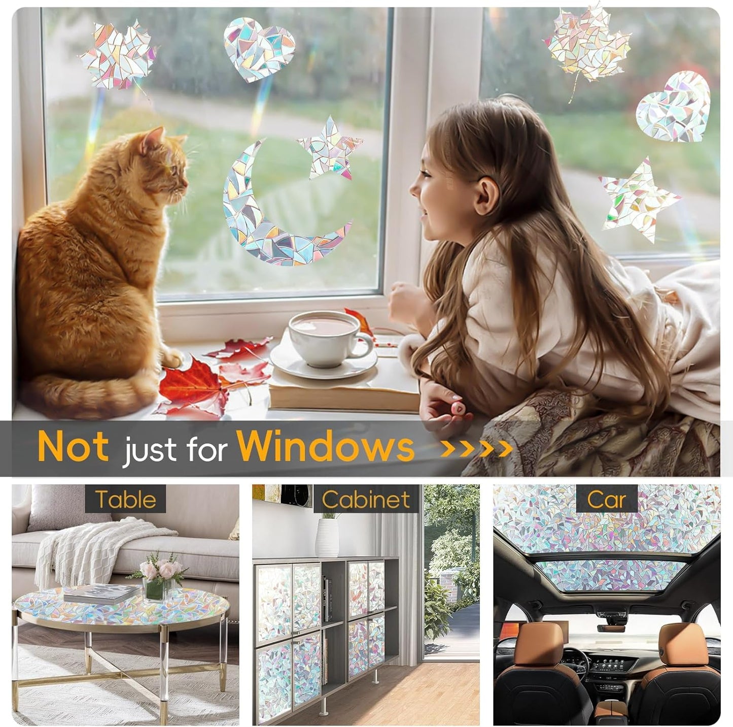 Rainbow Window Privacy Film with Cutting Reference Line, 3D Decals Stained Glass Clings, Static Cling Sticker, Suncatcher Windows Cover Tint for Home, 17.5 Inch X 78.74 Inch