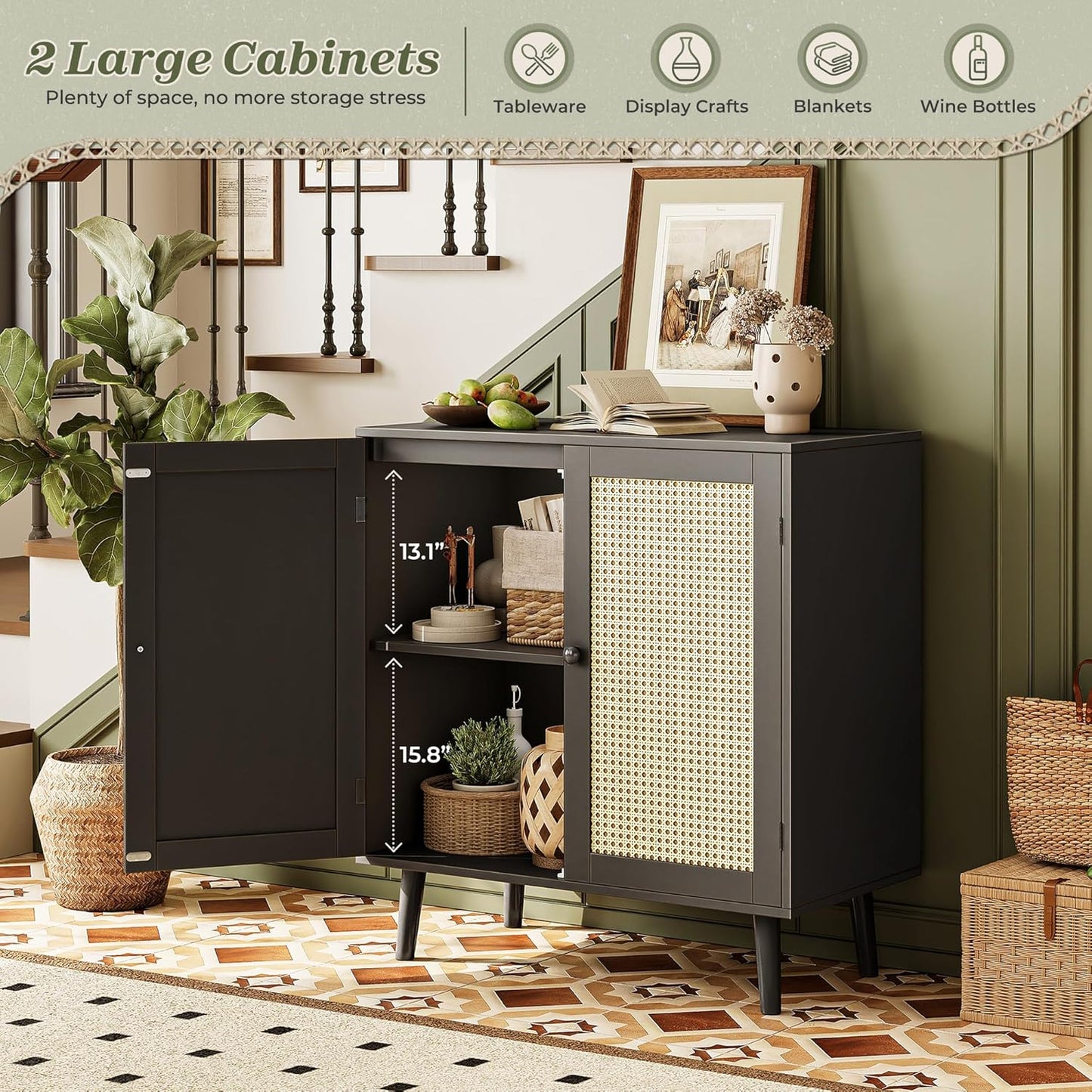 Buffet Cabinet with Storage and Synthetic Rattan Decor Doors, Solid Wood Legs, Ideal for Hallway, Entryway, or Living Room, Black Finish