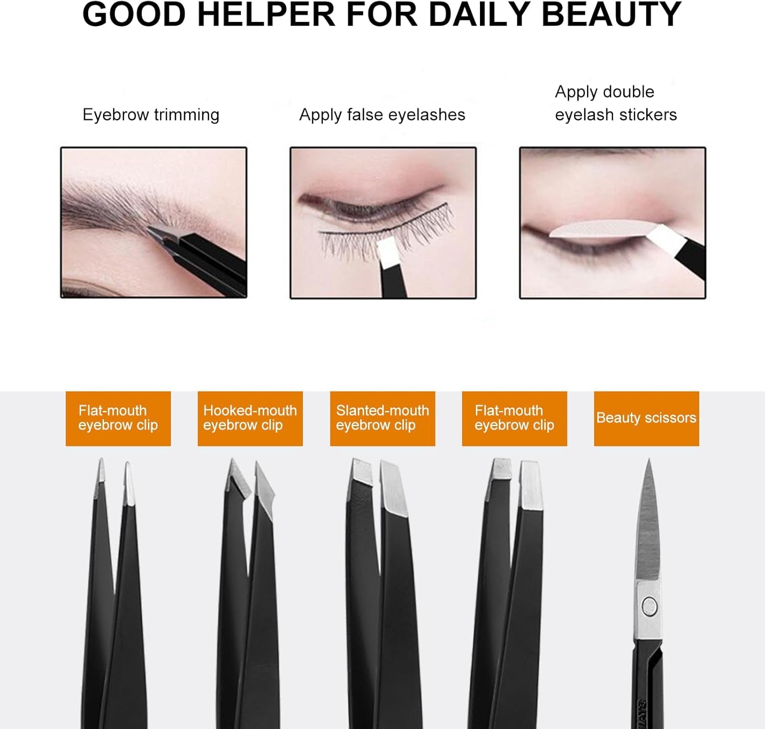 5-Piece Premium Set Matte Black Stainless Steel Eyebrow Tweezers Kit with 4 Precision Tips (Slant/Pointed/Flat/Rounded) & Sharp Grooming Scissors for Facial Hair Removal & Splinter Extraction