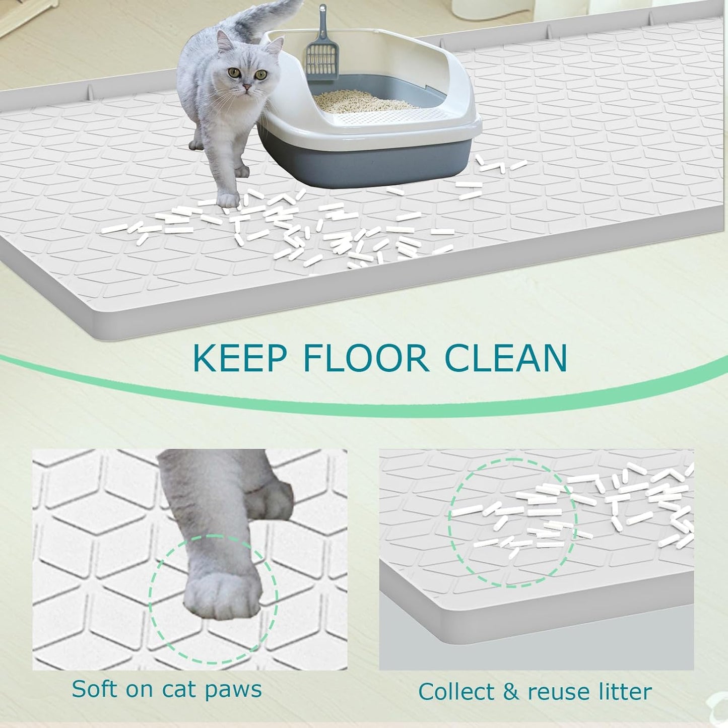 Cat Litter Mat for Litter Box, Silicone Large Cat Litter Trapping Mat - 34X22 In, Waterproof & Non-Slip, Durable & Easy Clean, Light Gray