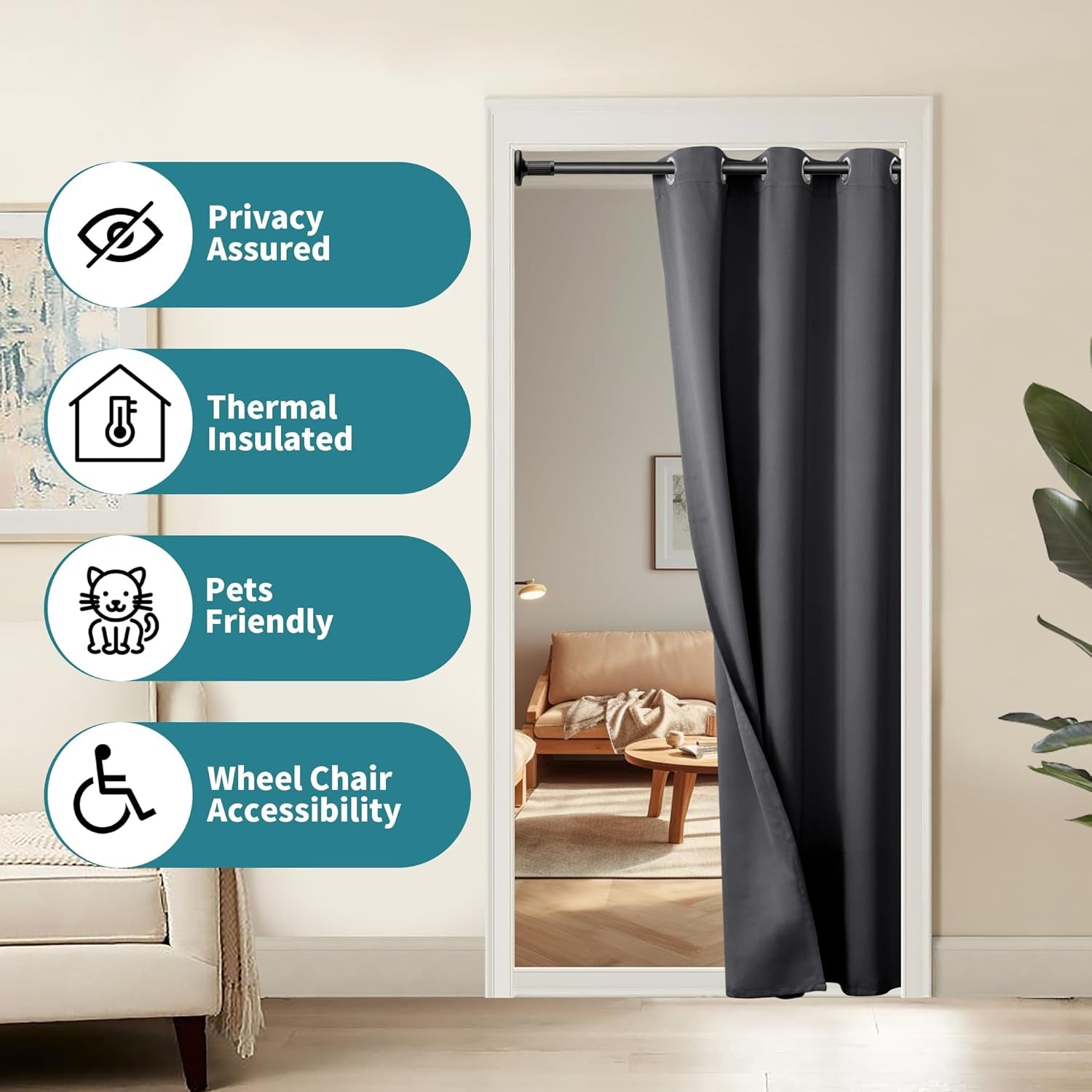 Door Curtain for Doorway, Closet Curtain for Open Closet, Thermal Insulated Privacy Blackout Grommet Drape, 1 Panel, Dark Grey, 34 X 80 Inch