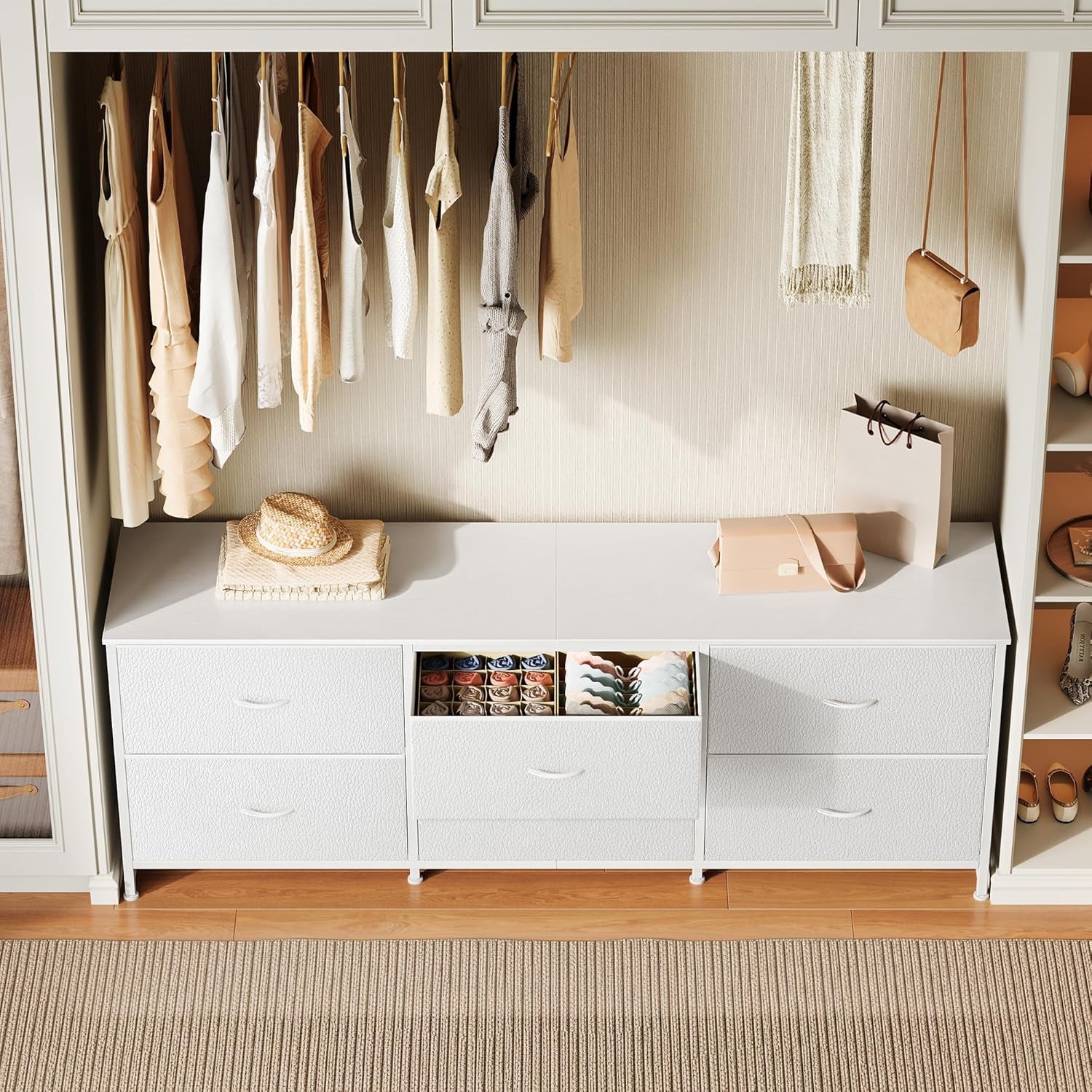 63-Inch Long Dresser and TV Stand for 55 to 70 Inch TVs, 6-Drawer Storage Organizer with Fabric Drawers, PU Leather Finish, Ideal for Bedroom and Entryway, White