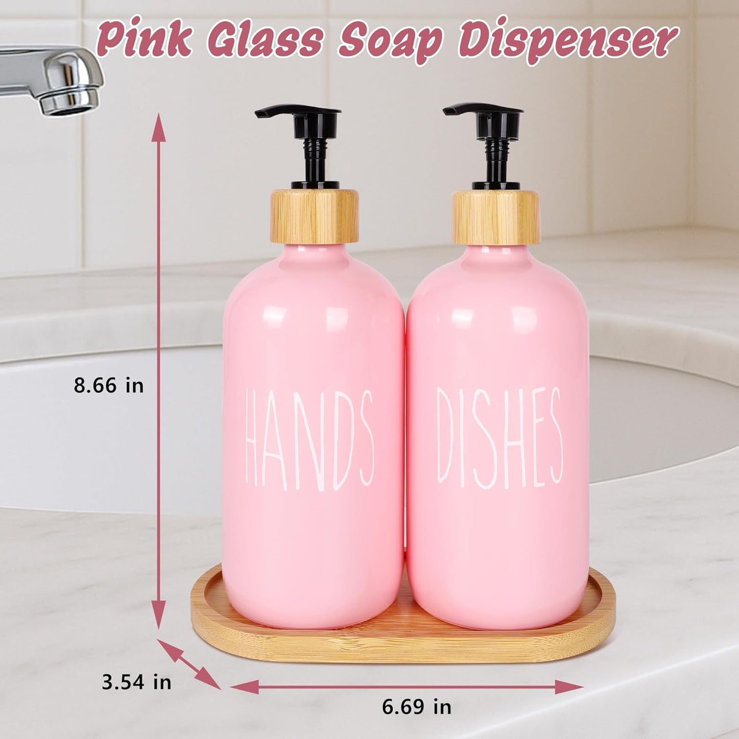 16 OZ Pink Soap Dispenser Women,2 Pack Glass Refillable Dish and Hand Bottles Set Pump Bottle,House Decor Kitchen Accessories with Wooden Pallet Girly