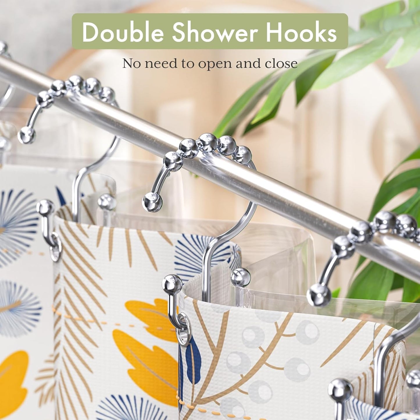 Shower Curtain Hooks Rings, Rust-Resistant Stainless Steel Double Shower Curtain Hooks, Shower Hooks for Shower Curtain and Liner Bathroom, Set of 12, Chrome
