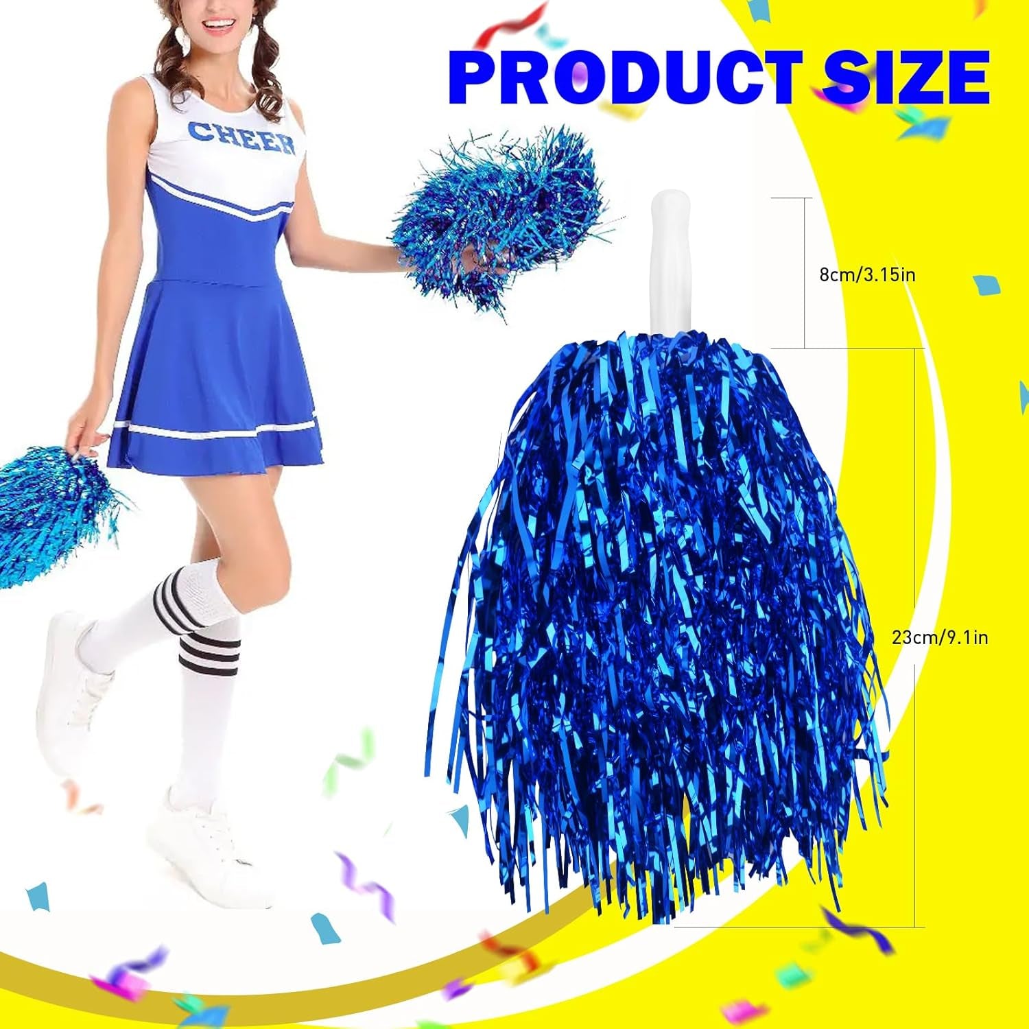24Pcs Metallic Pom Poms Cheerleading with Baton Handle Cheer Pom Poms for Kids Adults Cheering Party Dance Sportsteam Spirit Sports(Blue)
