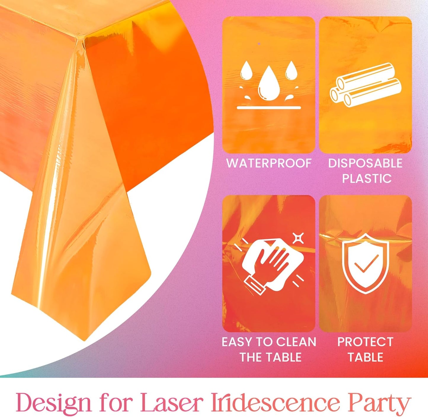Set of 4 Orange Iridescent Disposable Tablecloths - 40 x 108 inches Shiny Laser Glitter Plastic Covers for Party, Wedding, and Banquet Decorations