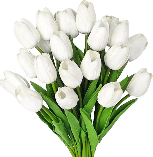 20-Piece Artificial White Tulip Flower Set, 13.5-Inch Silk Tulips for Home and Kitchen Decor - Ideal for Spring, Mother's Day, Easter, Valentine's Day Gifts, and Wedding Decorations