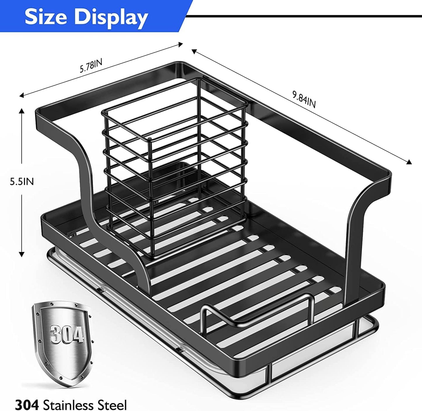 Sink Caddy,Kitchen Sink Organizers Sponge Holder for Kitchen Sink,Dish Soap Scrubber Holder with Removable Drain Pan,Sink Brush Holder for Scrubber-Black