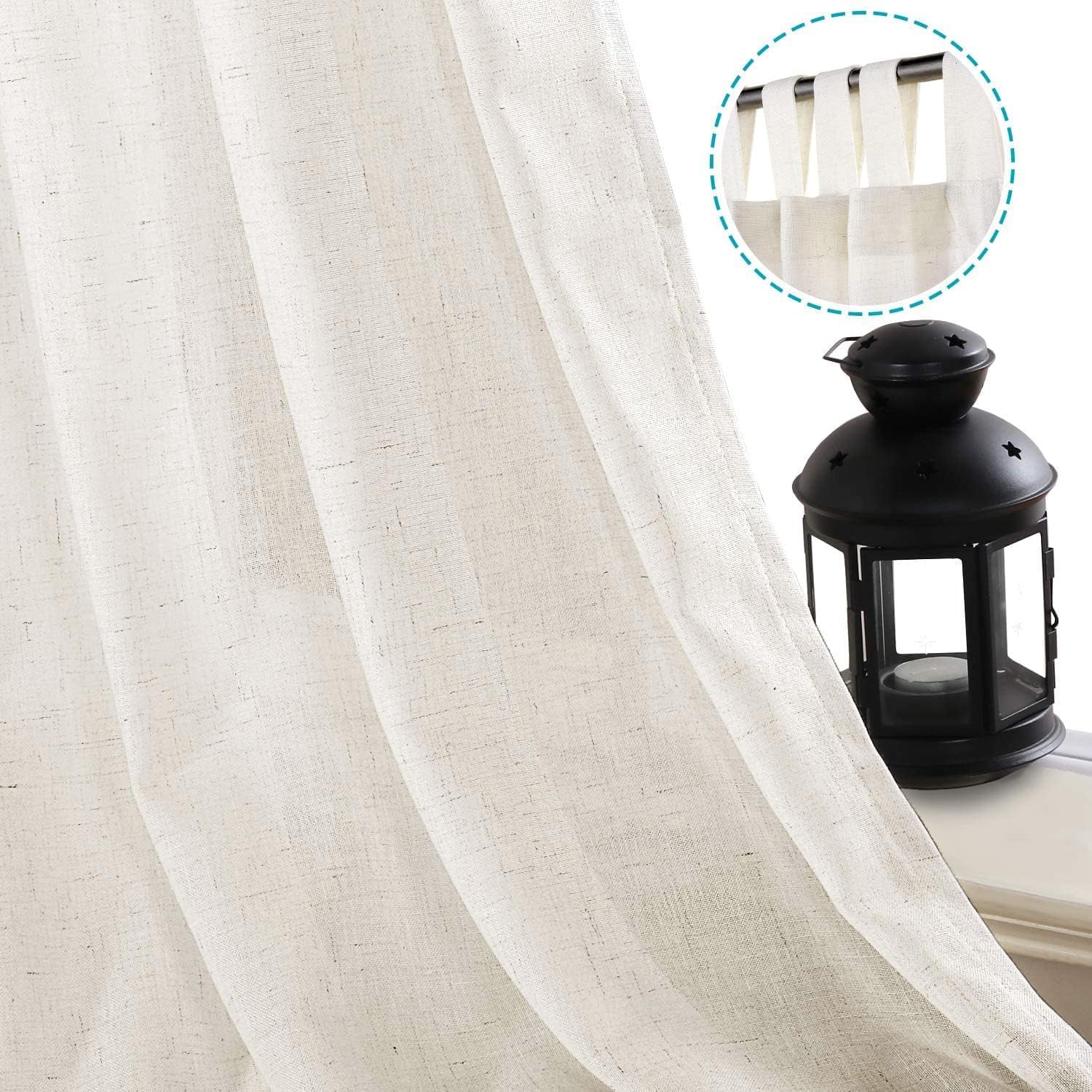 Natural Linen Tab Top Curtains 84 Inch Length for Living Room 2 Panel Drape Semi Sheer Neutral Country Rustic Farmhouse Boho Curtain Bedroom Muslin Look Light Filtering, Heathered Natural